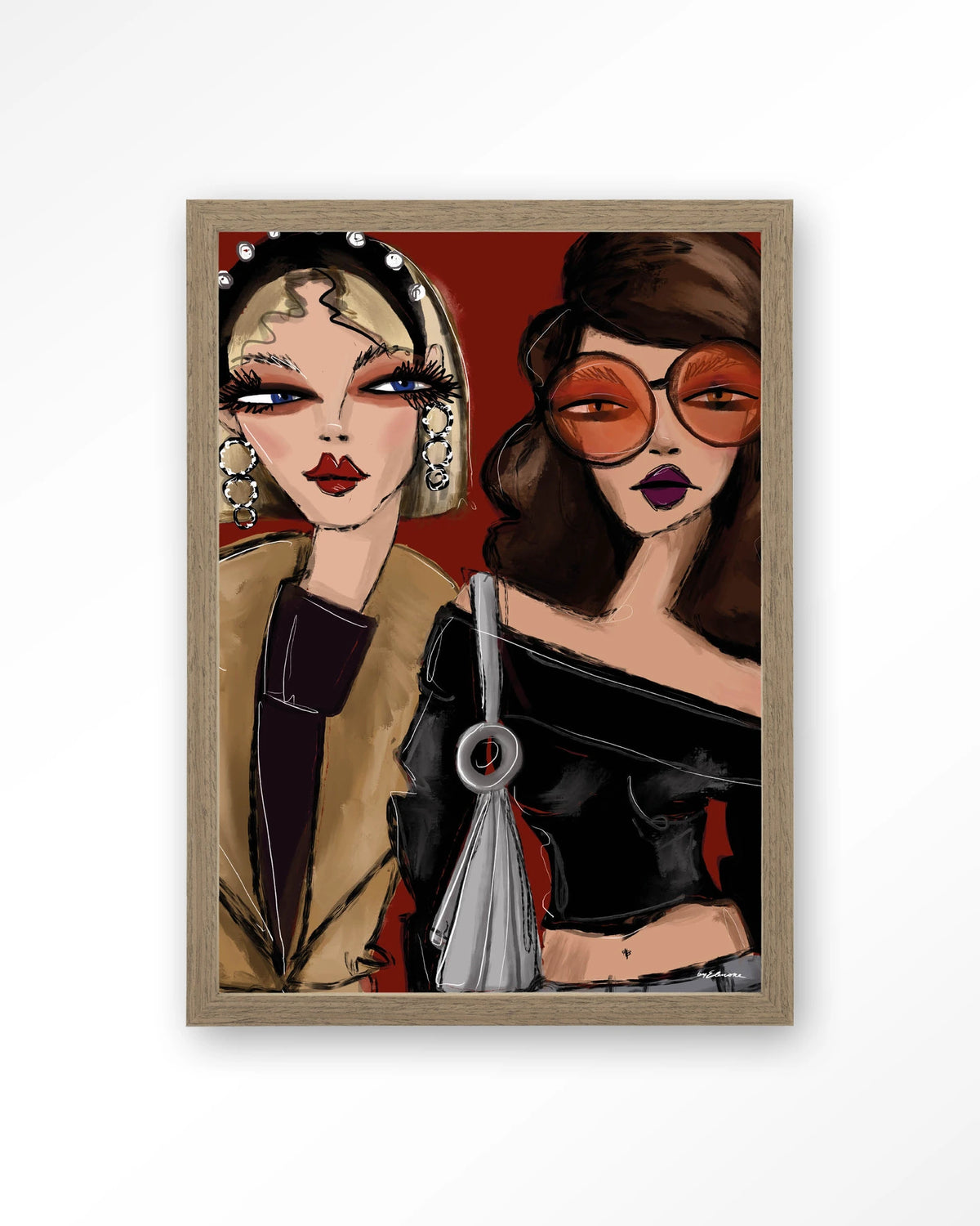 Fall Friends – twee modieuze vrouwen illustratie – Art print – Hout bruin