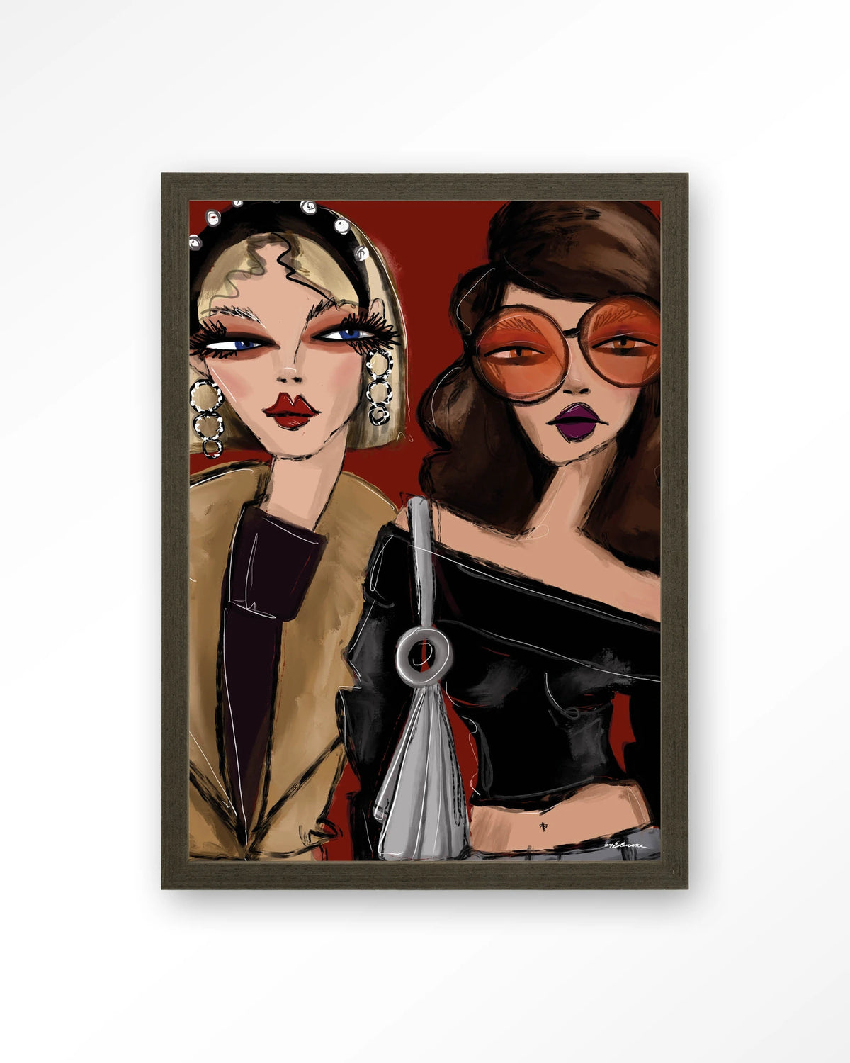 Fall Friends – twee modieuze vrouwen illustratie – Art print – Hout donkerbruin