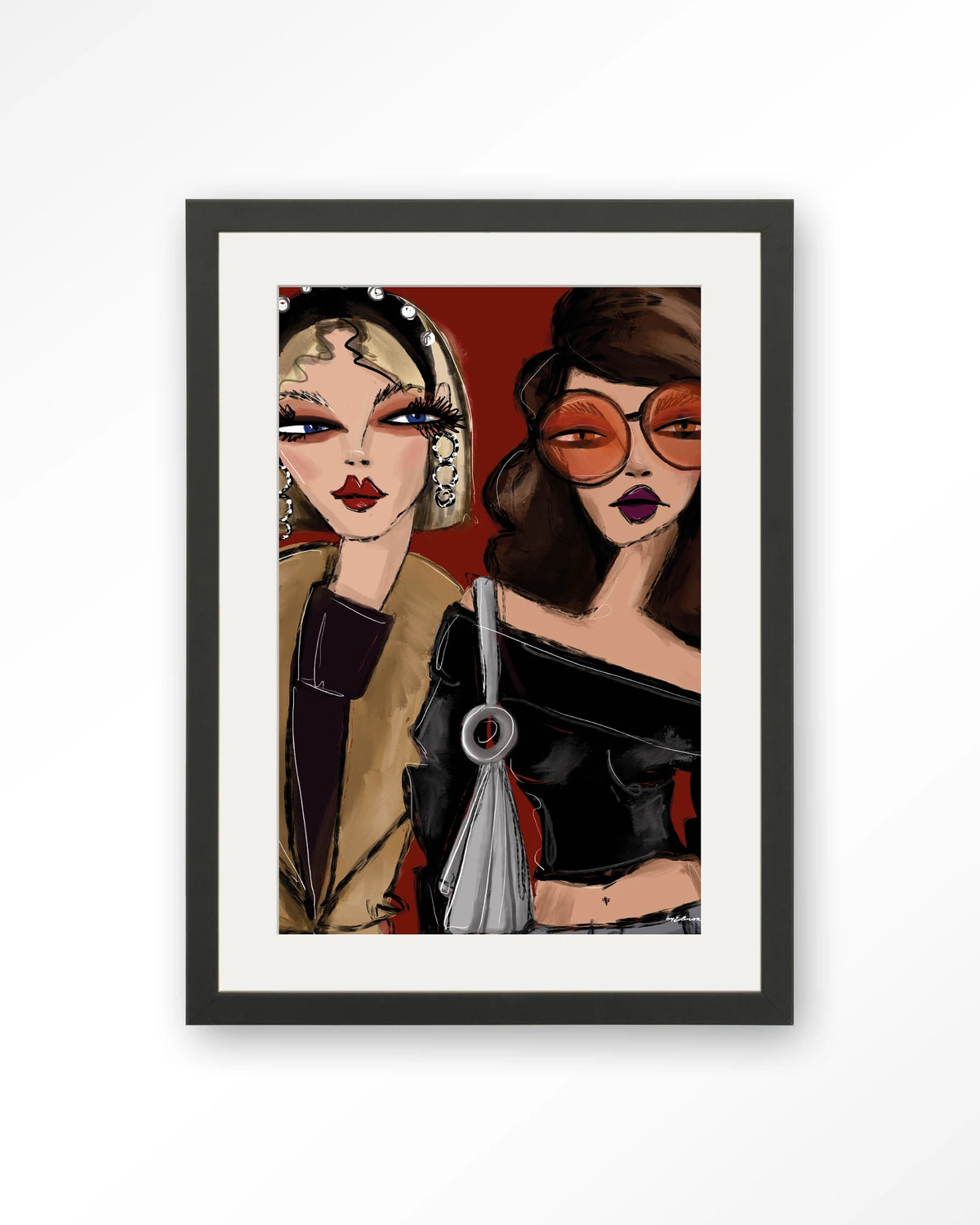 Fall Friends – twee modieuze vrouwen illustratie – Art print – Hout zwart + passe-partout