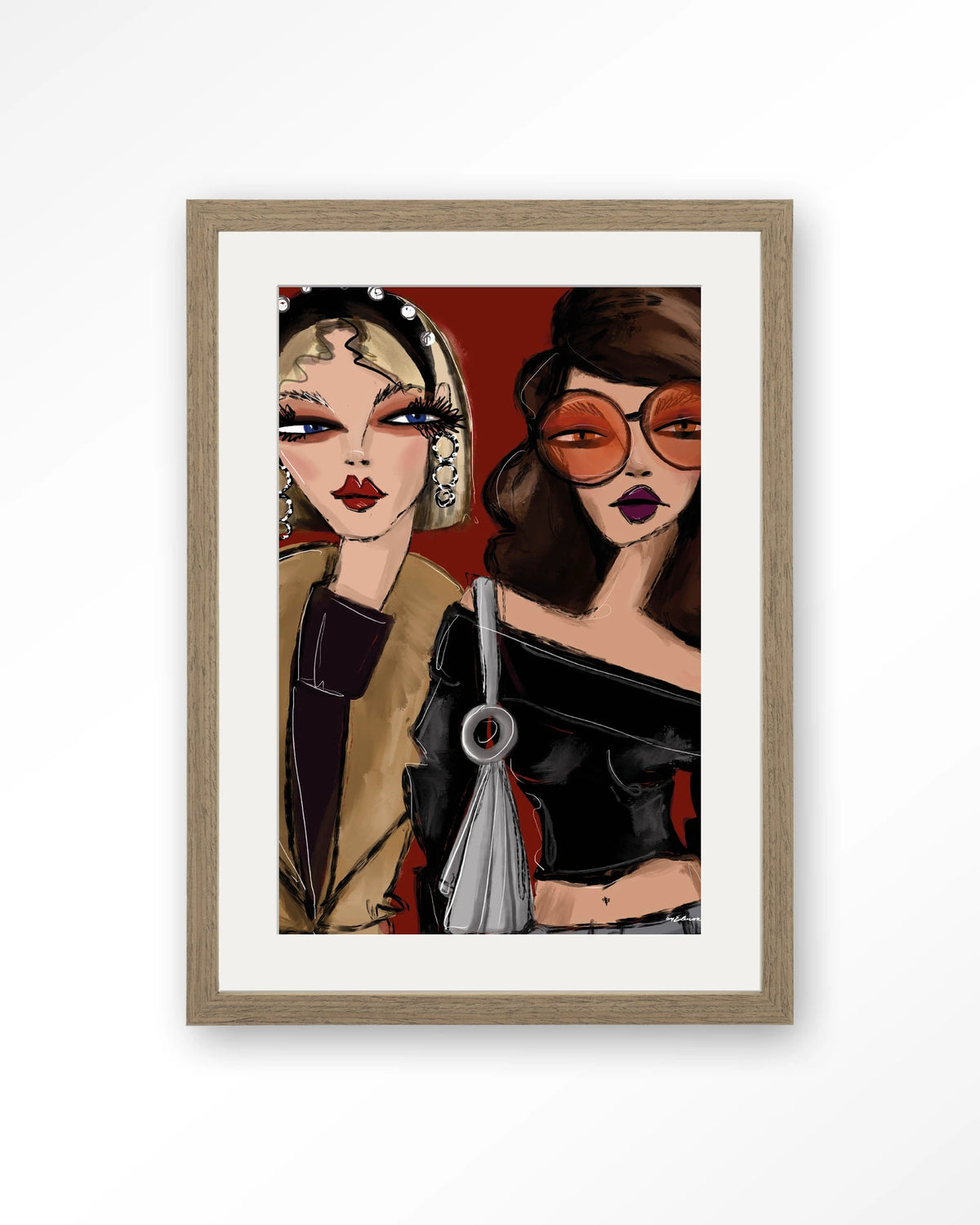 Fall Friends – twee modieuze vrouwen illustratie – Art print – Hout bruin + passe-partout