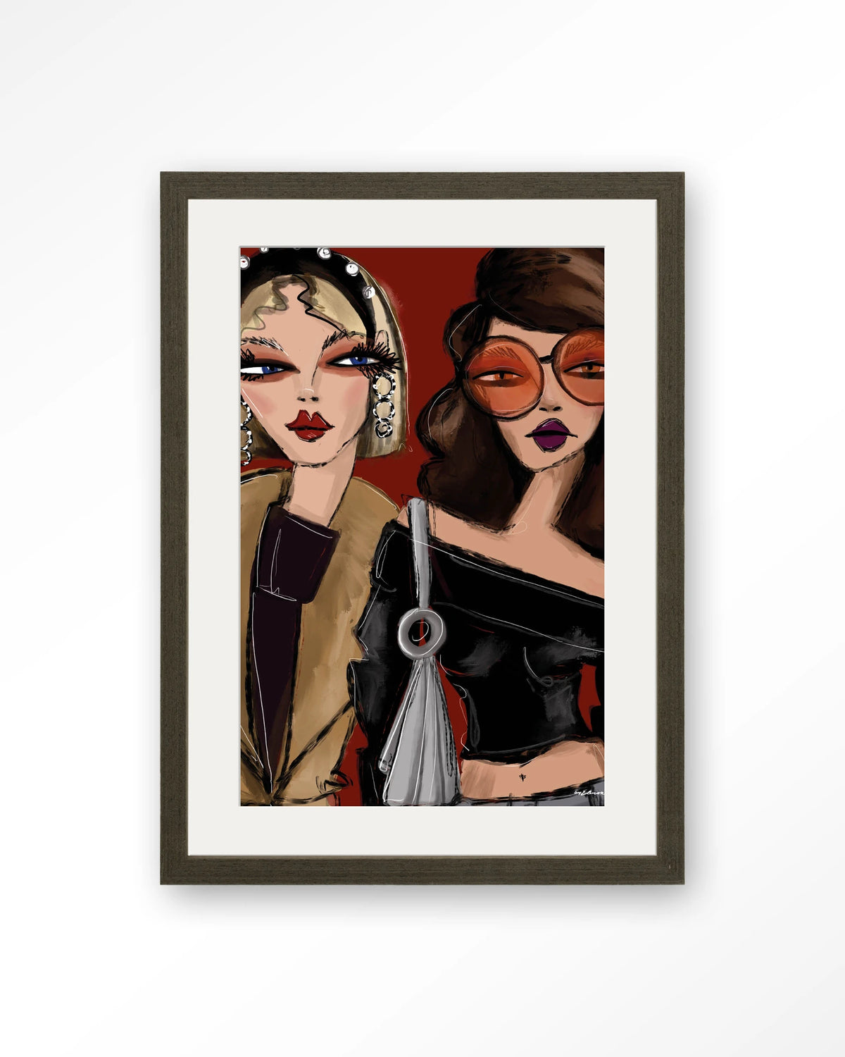 Fall Friends – twee modieuze vrouwen illustratie – Art print – Hout donkerbruin + passe-partout