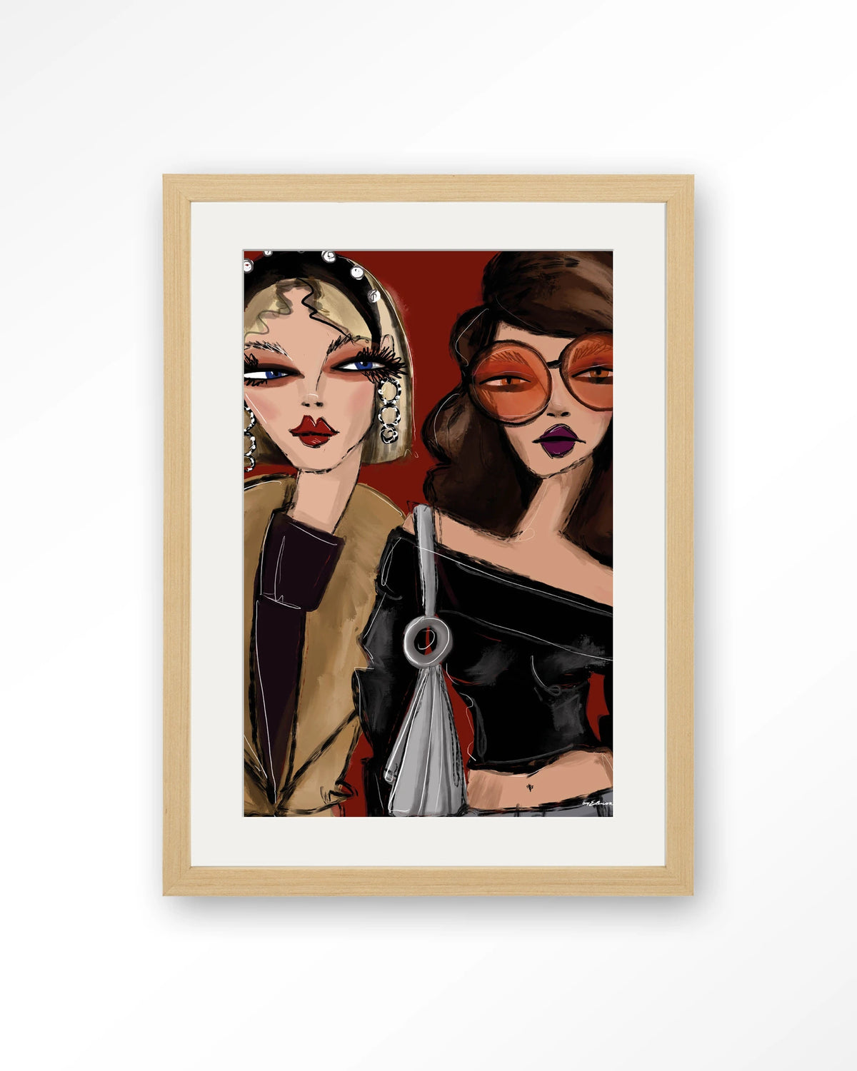 Fall Friends – twee modieuze vrouwen illustratie – Art print – Hout naturel + passe-partout