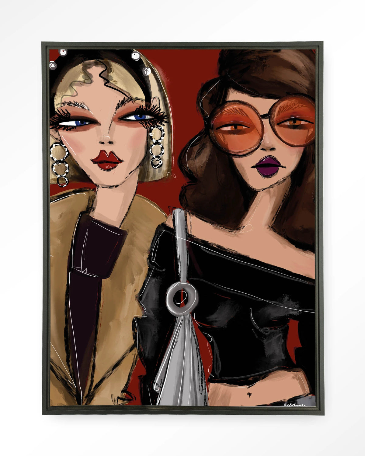 Fall Friends – twee modieuze vrouwen illustratie – Wandkleed – Floating frame – zwart