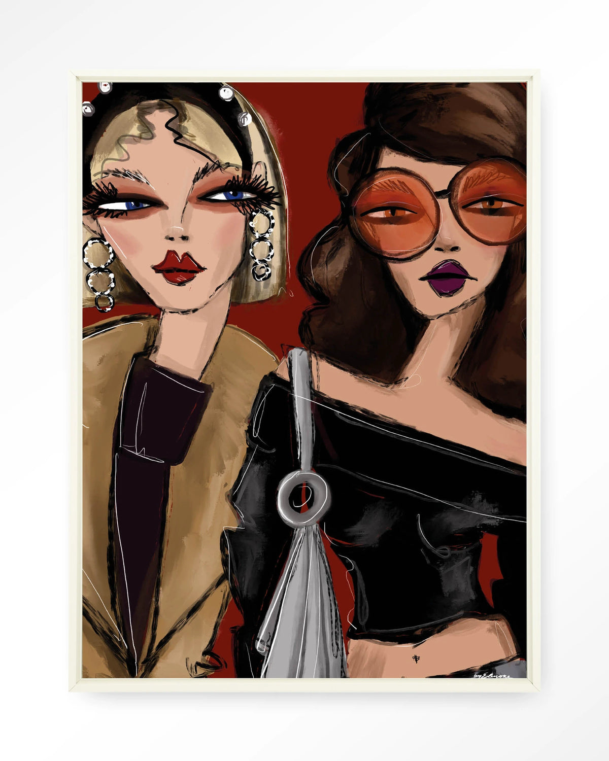 Fall Friends – twee modieuze vrouwen illustratie – Wandkleed – Floating frame – wit