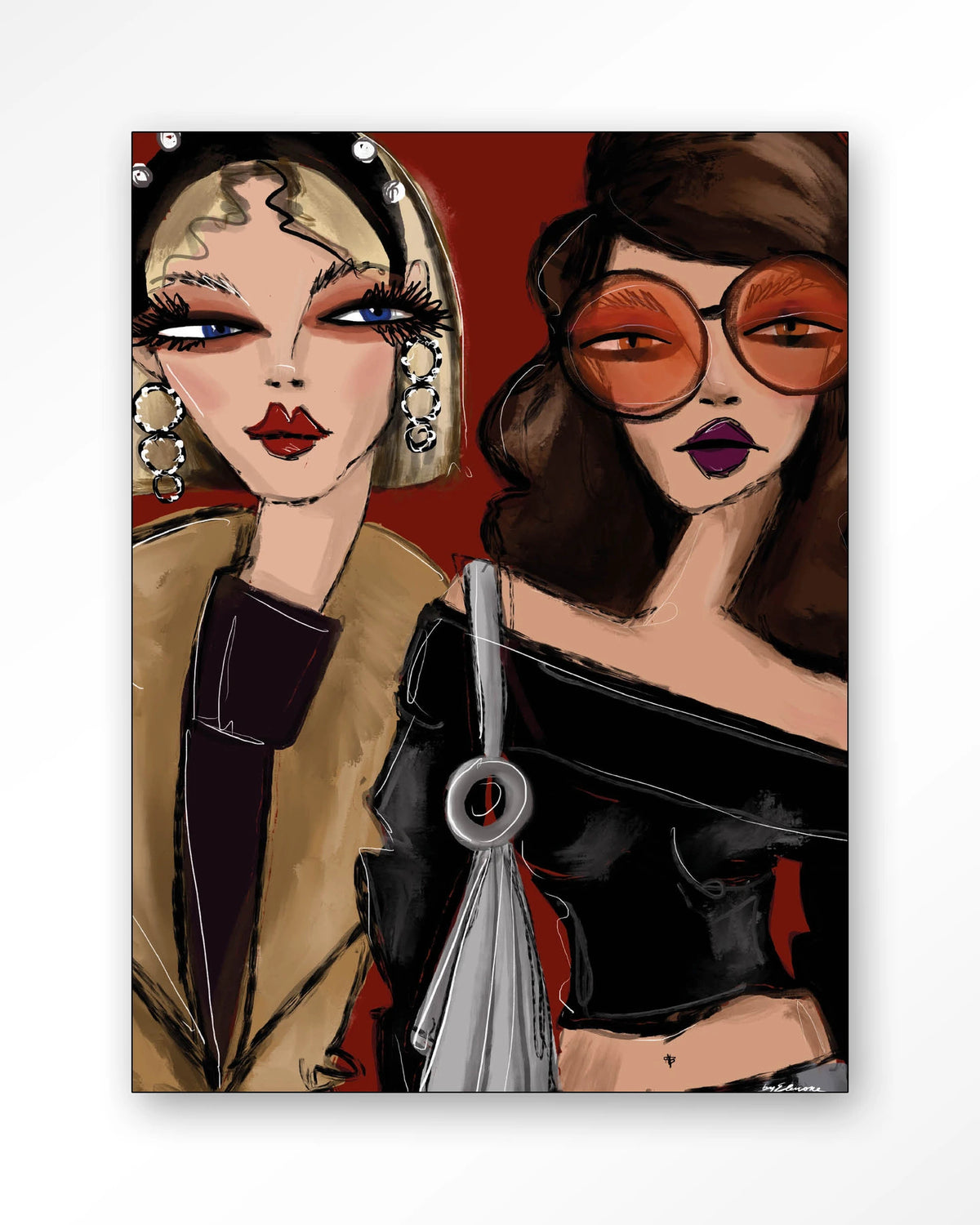 Fall Friends – twee modieuze vrouwen illustratie – Wandkleed – Frame – zwart