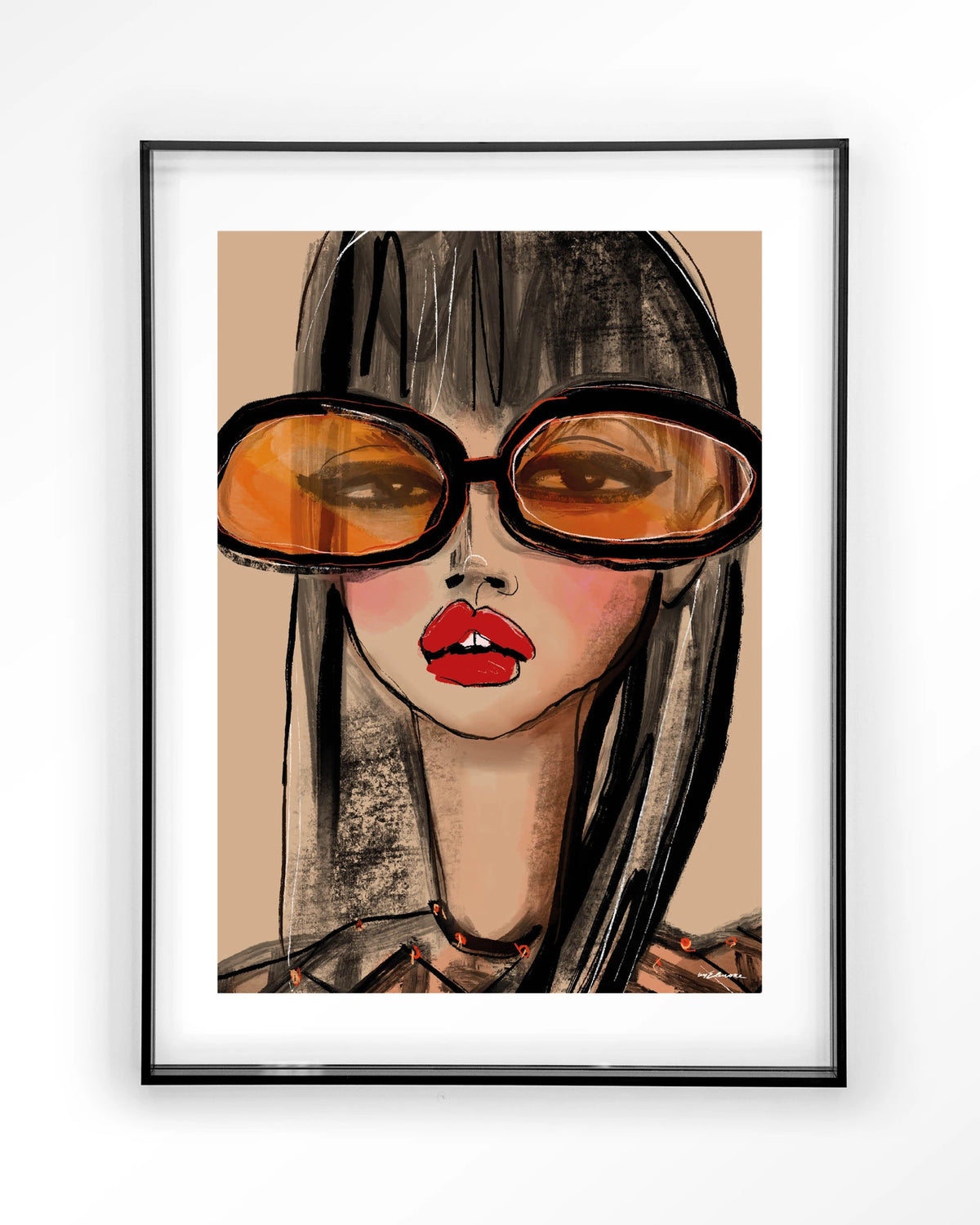 Sunny Orange – vrouw met oranje zonnebril – Art print – Acryl zwart