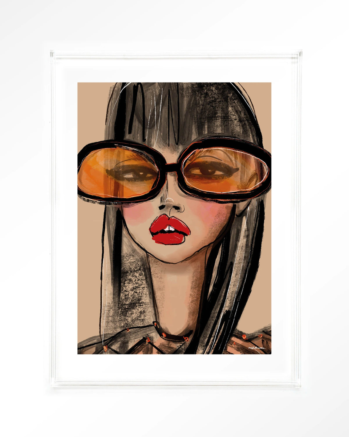 Sunny Orange – vrouw met oranje zonnebril – Art print – Acryl doorzichtig