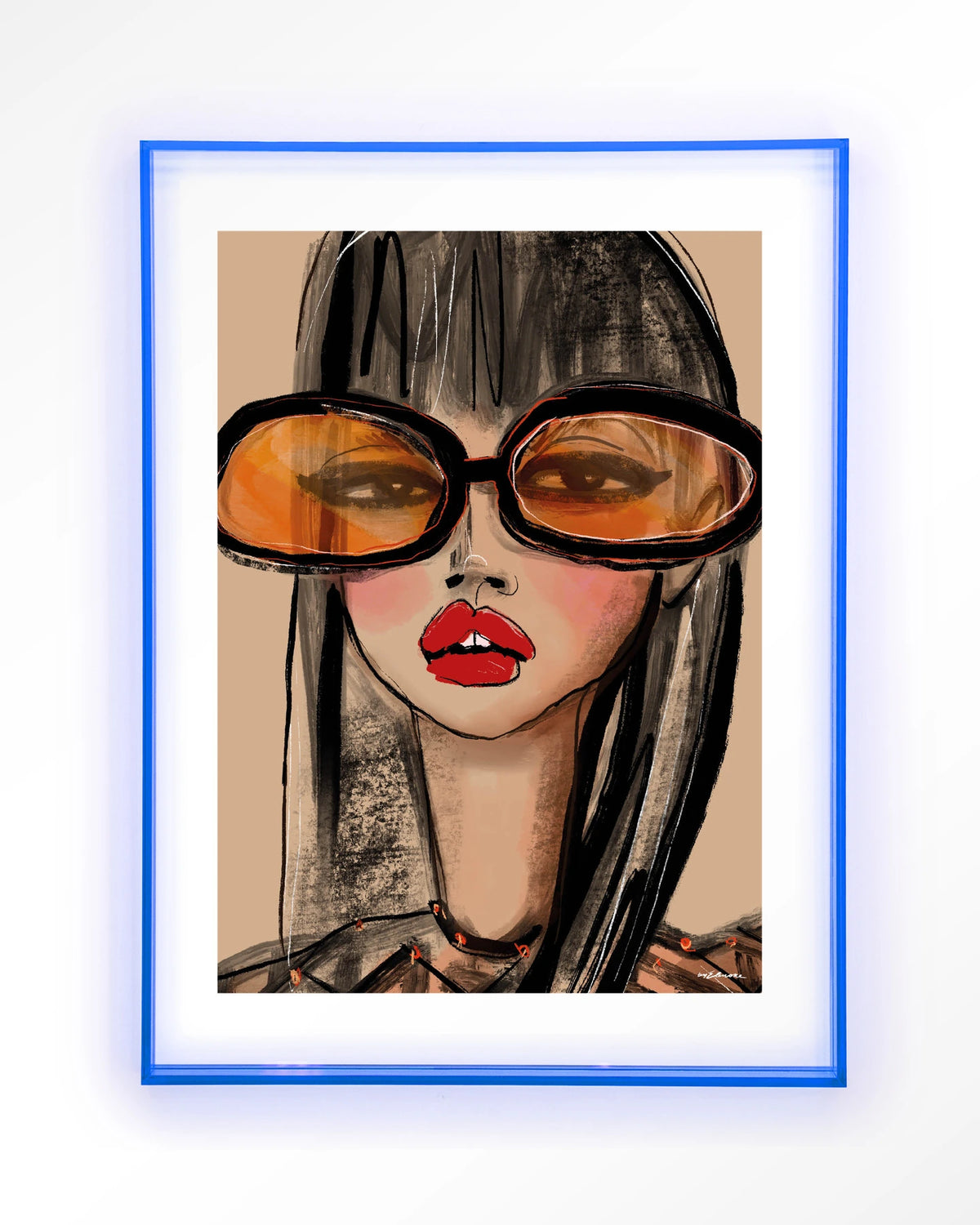 Sunny Orange – vrouw met oranje zonnebril – Art print – Acryl lichtblauw