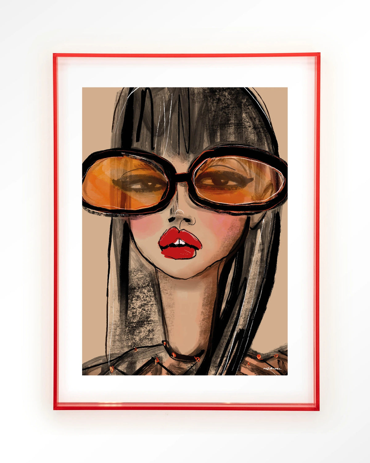 Sunny Orange – vrouw met oranje zonnebril – Art print – Acryl roze