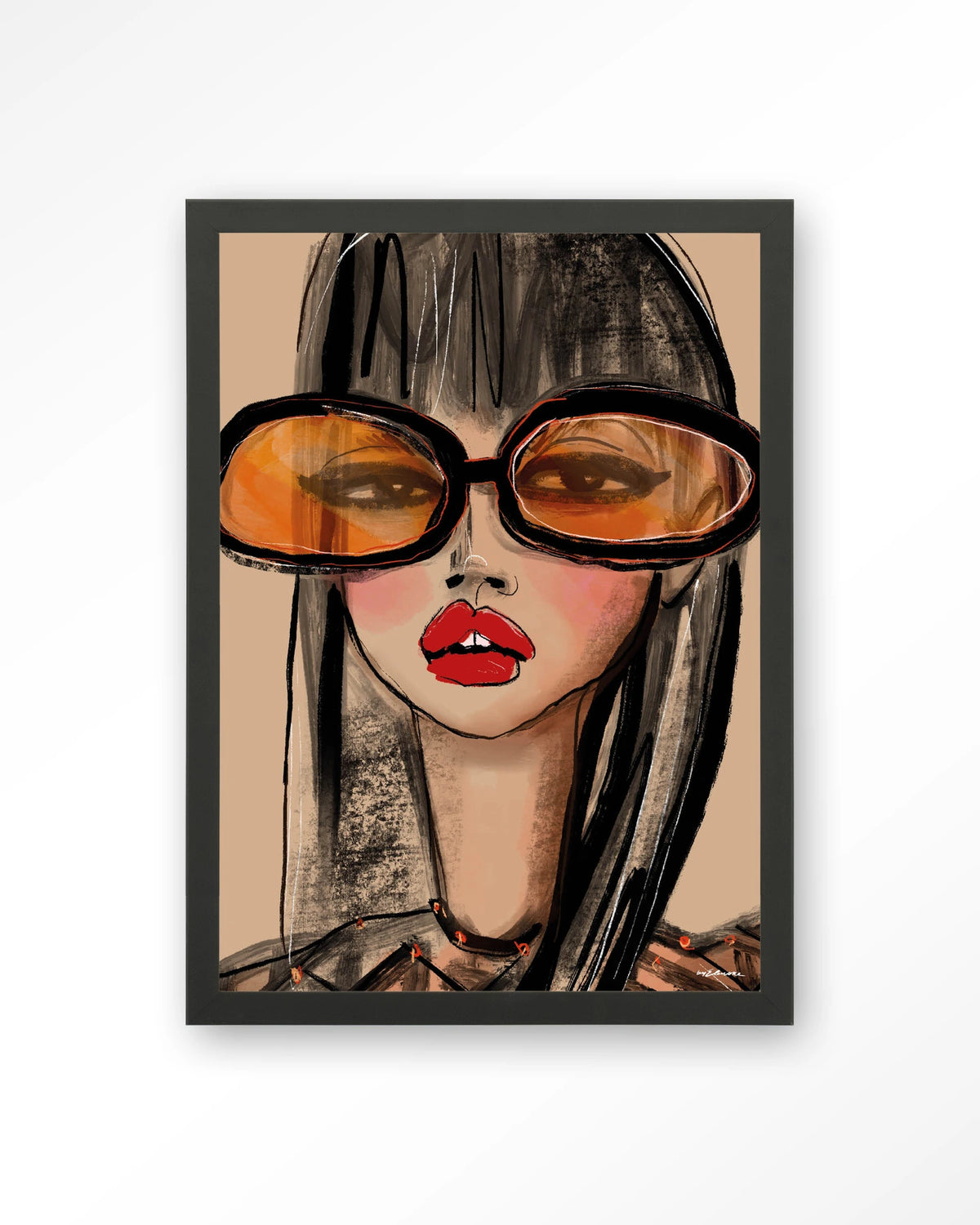 Sunny Orange – vrouw met oranje zonnebril – Art print – Hout zwart