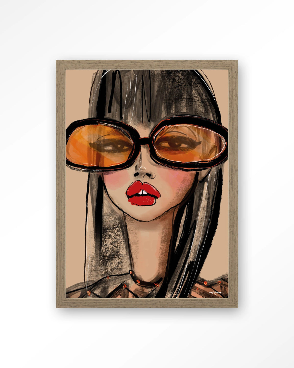 Sunny Orange – vrouw met oranje zonnebril – Art print – Hout bruin