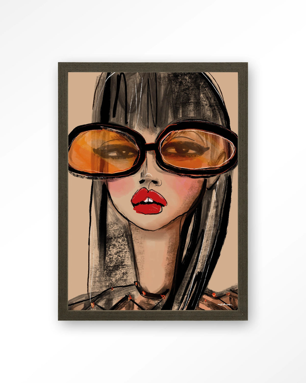Sunny Orange – vrouw met oranje zonnebril – Art print – Hout donkerbruin