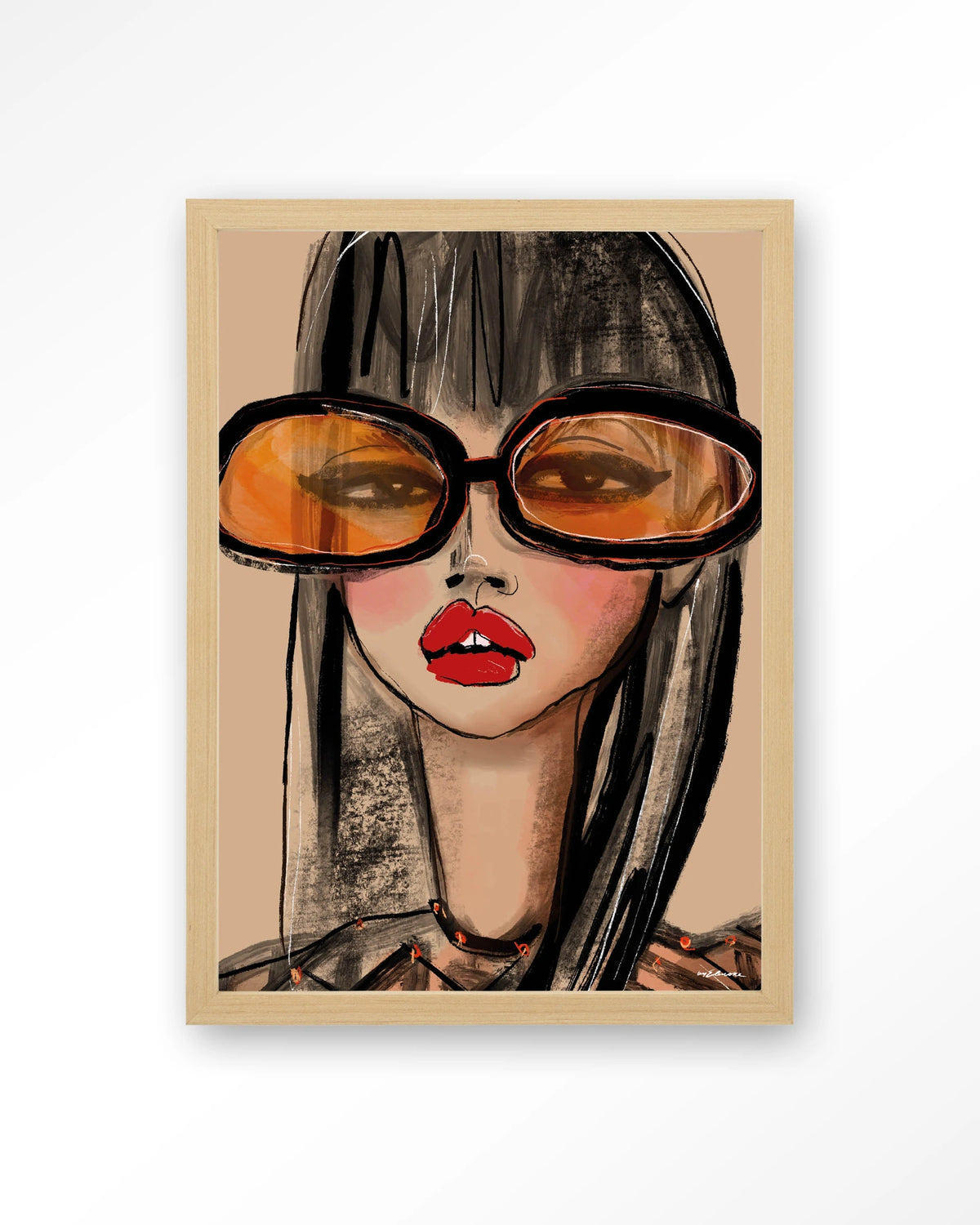 Sunny Orange – vrouw met oranje zonnebril – Art print – Hout naturel