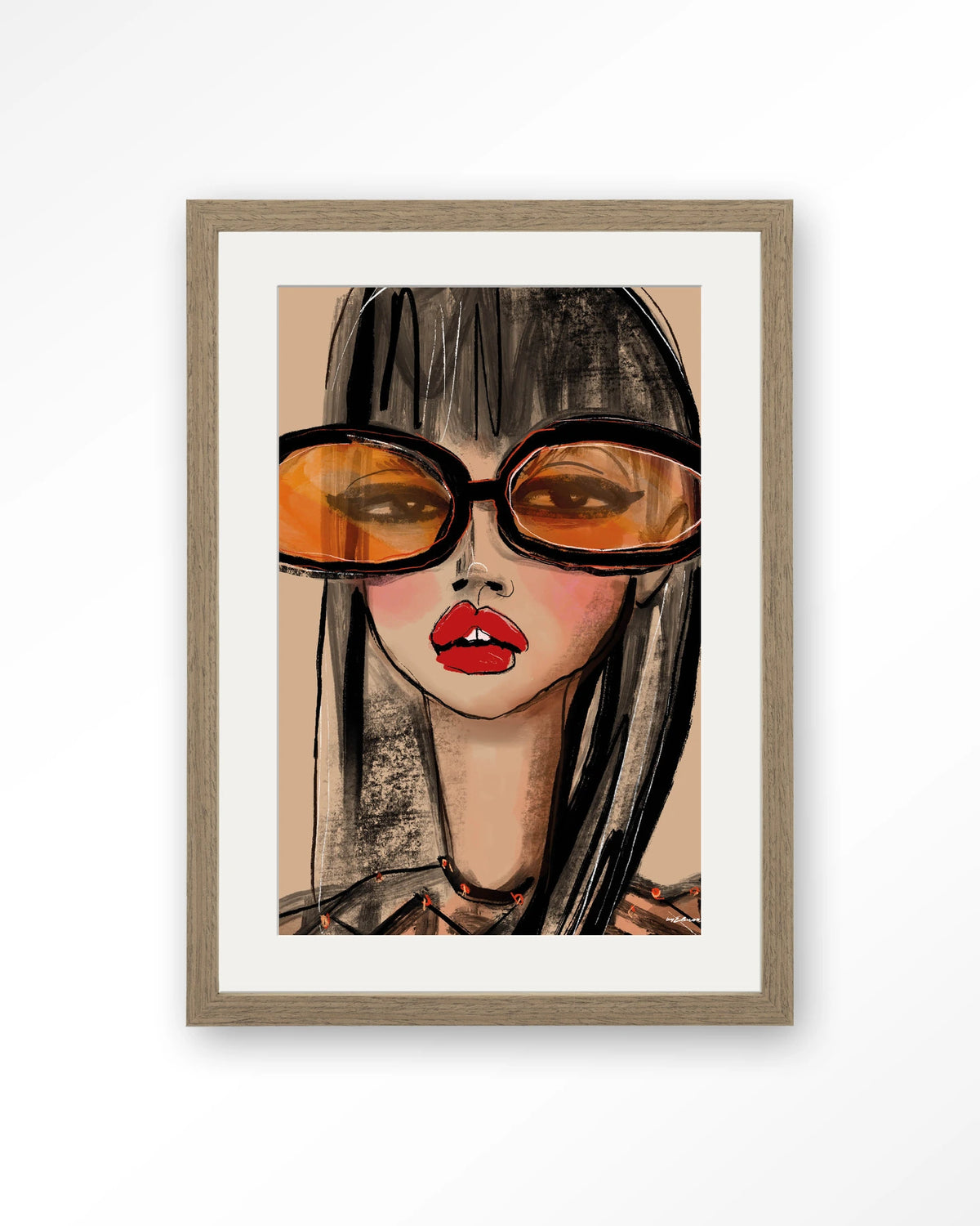 Sunny Orange – vrouw met oranje zonnebril – Art print – Hout bruin + passe-partout