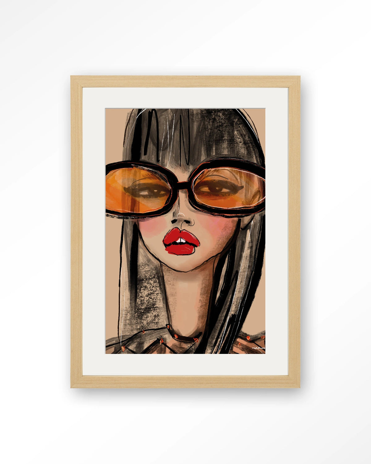 Sunny Orange – vrouw met oranje zonnebril – Art print – Hout naturel + passe-partout