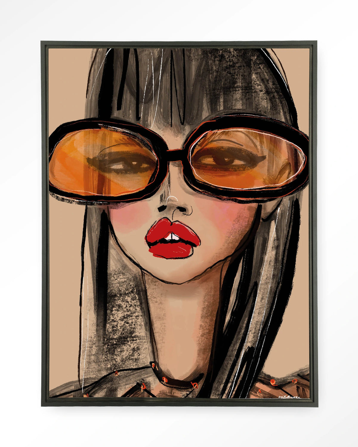 Sunny Orange – vrouw met oranje zonnebril – Wandkleed – Floating frame – zwart