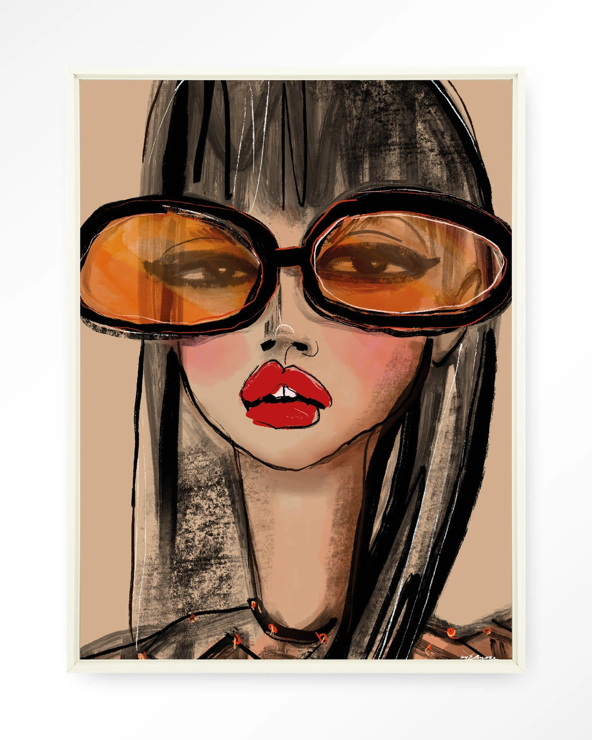 Sunny Orange – vrouw met oranje zonnebril – Wandkleed – Floating frame – wit