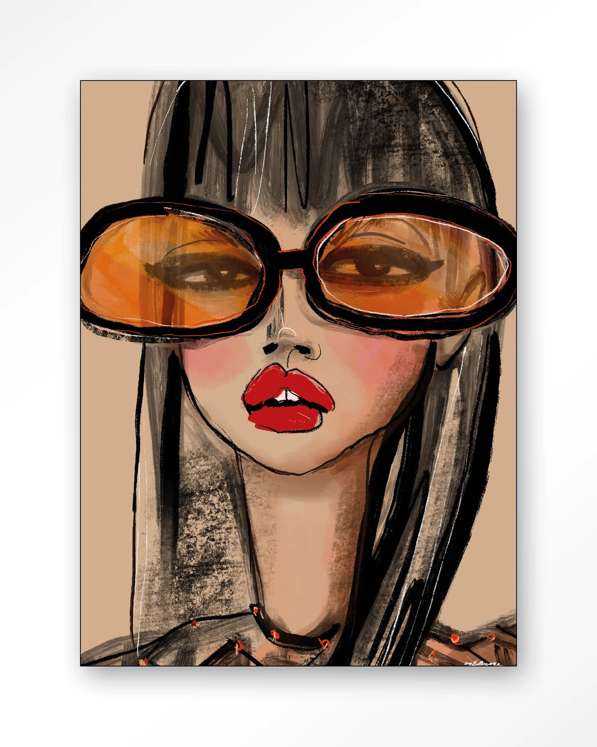 Sunny Orange – vrouw met oranje zonnebril – Wandkleed – Frame – zwart