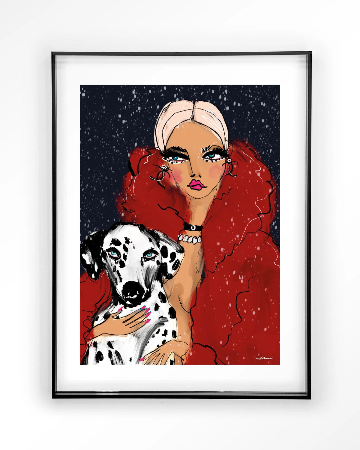 Dotted Doggy – vrouw met Dalmatiër in rood – Art print – Acryl zwart