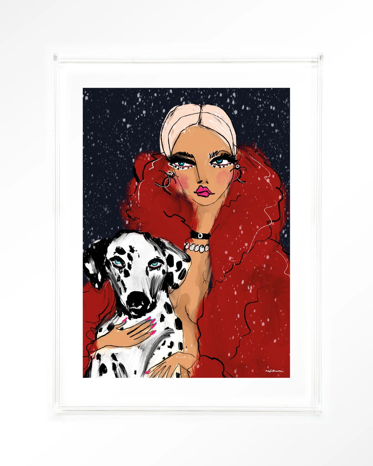 Dotted Doggy – vrouw met Dalmatiër in rood – Art print – Acryl doorzichtig