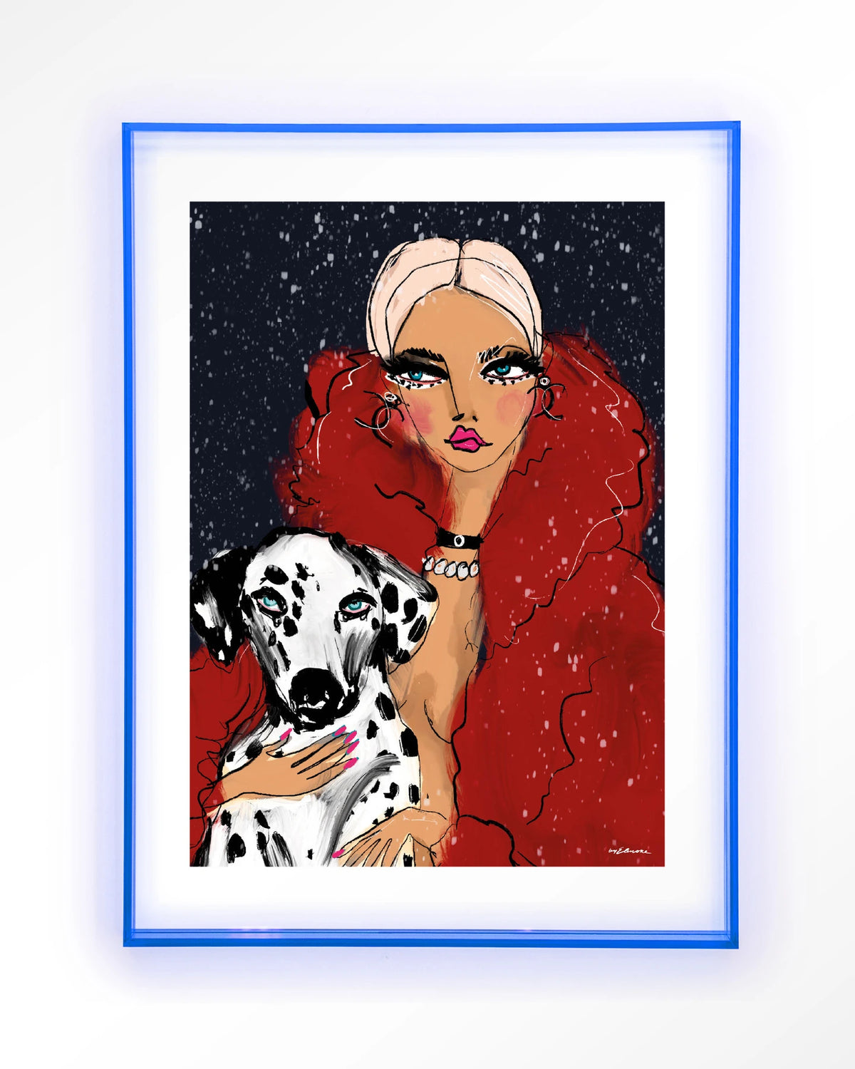 Dotted Doggy – vrouw met Dalmatiër in rood – Art print – Acryl lichtblauw