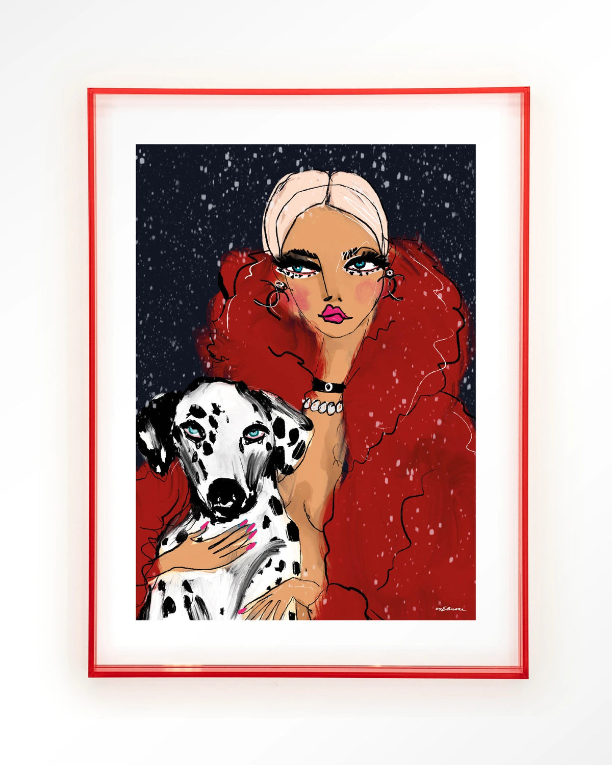 Dotted Doggy – vrouw met Dalmatiër in rood – Art print – Acryl roze