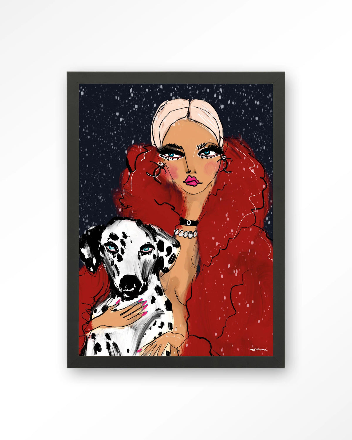 Dotted Doggy – vrouw met Dalmatiër in rood – Art print – Hout zwart