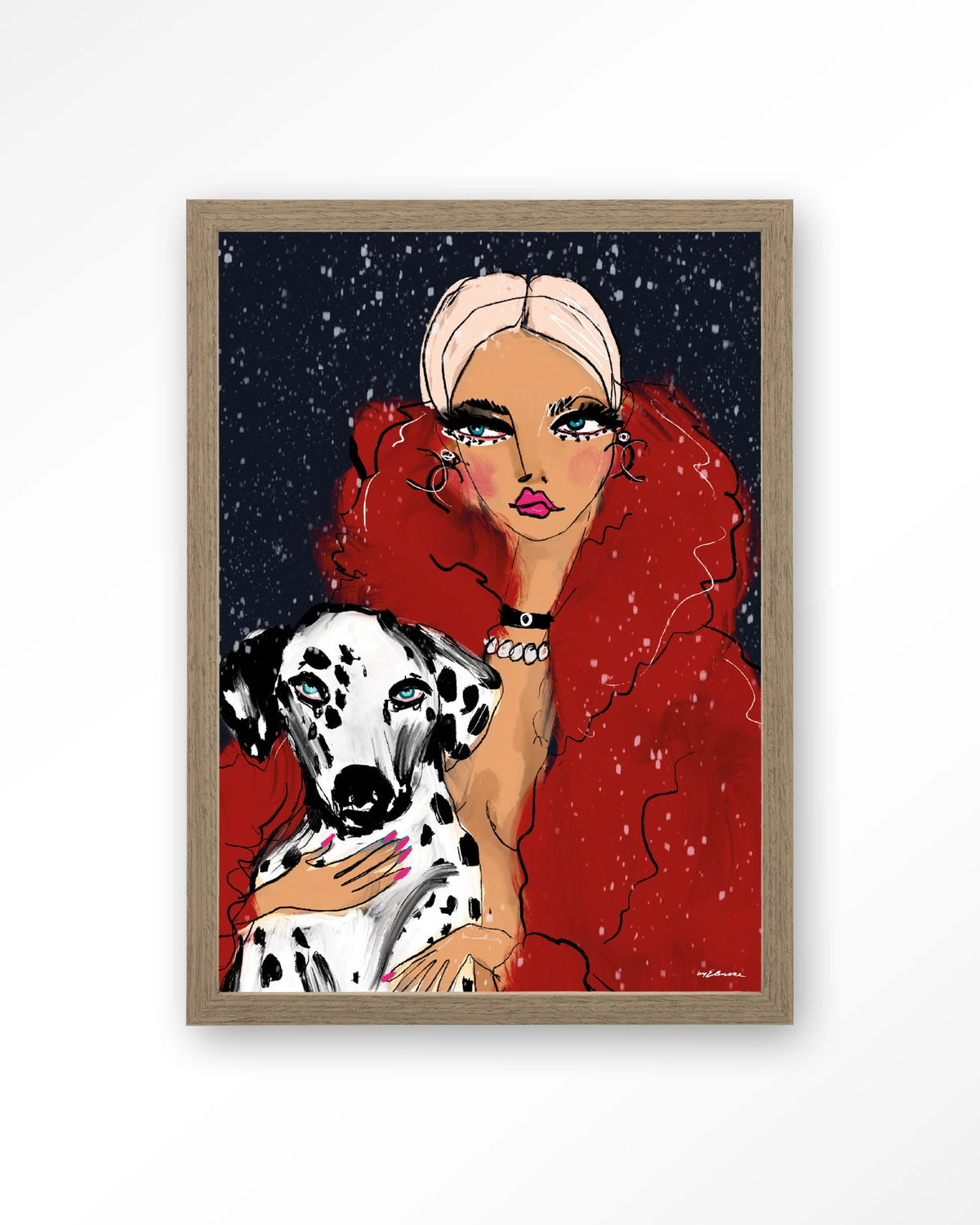 Dotted Doggy – vrouw met Dalmatiër in rood – Art print – Hout bruin