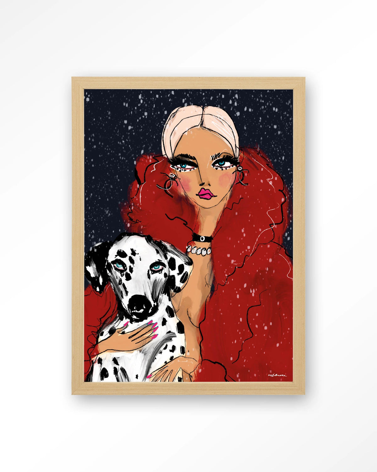 Dotted Doggy – vrouw met Dalmatiër in rood – Art print – Hout naturel