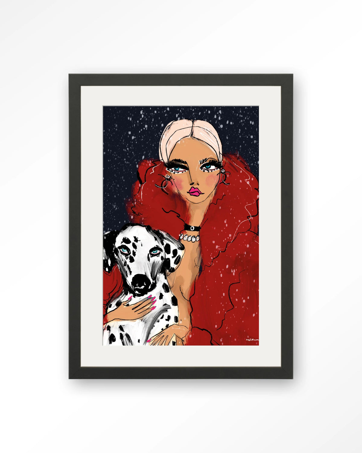 Dotted Doggy – vrouw met Dalmatiër in rood – Art print – Hout zwart + passe-partout