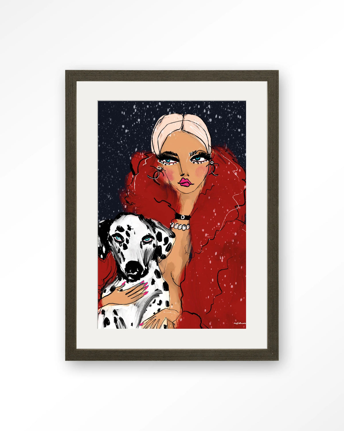 Dotted Doggy – vrouw met Dalmatiër in rood – Art print – Hout donkerbruin + passe-partout