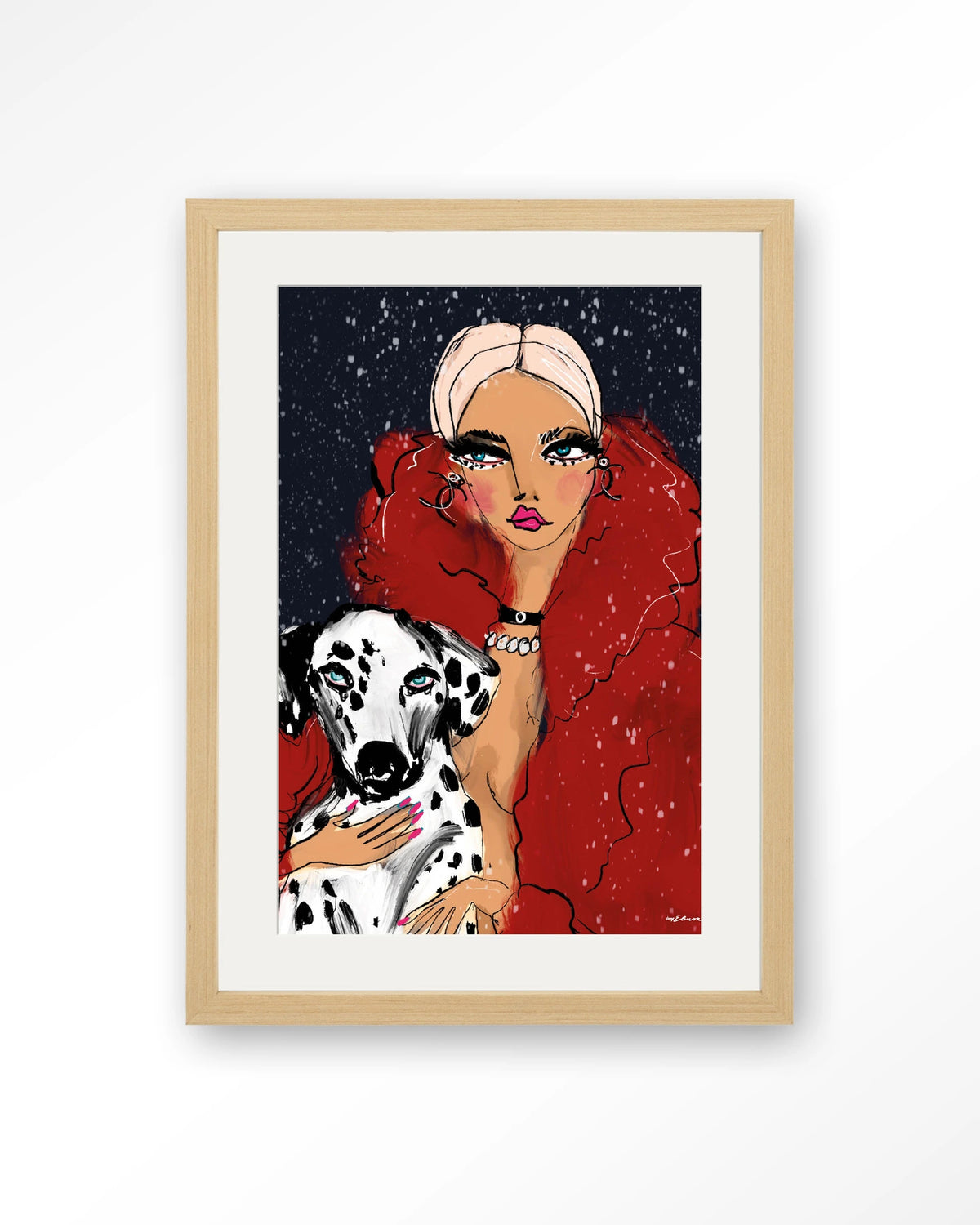Dotted Doggy – vrouw met Dalmatiër in rood – Art print – Hout naturel + passe-partout