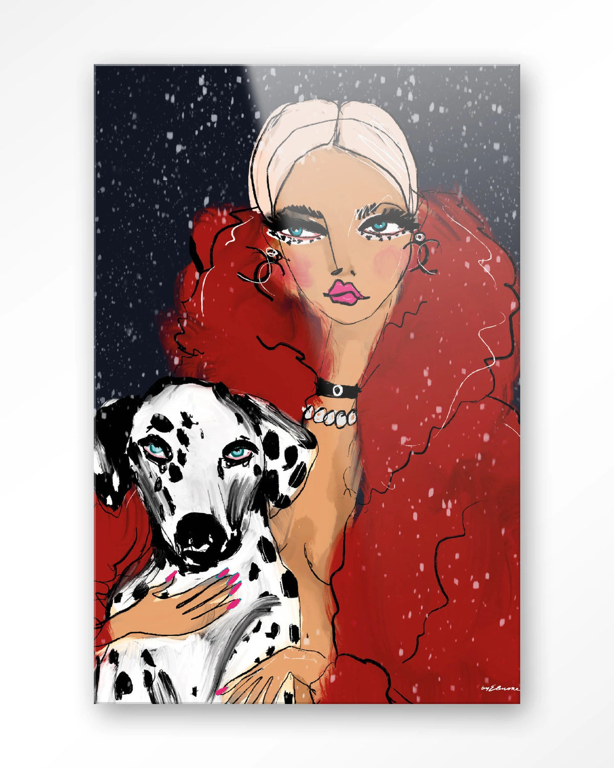 Dotted Doggy – vrouw met Dalmatiër in rood – Glas – Blinde montage