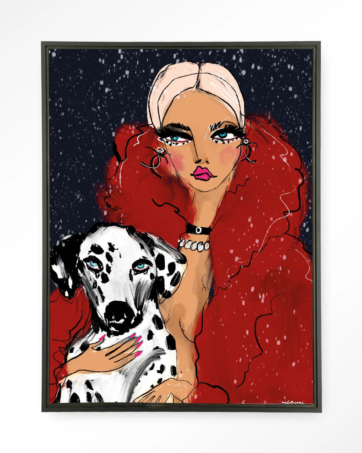 Dotted Doggy – vrouw met Dalmatiër in rood – Wandkleed – Floating frame – zwart