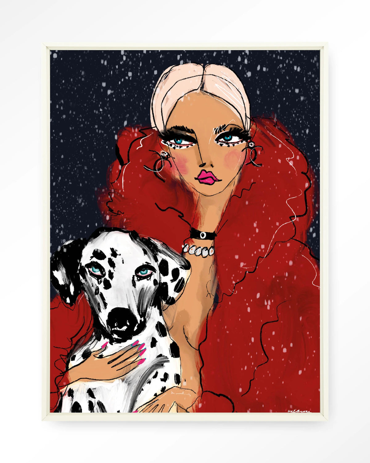 Dotted Doggy – vrouw met Dalmatiër in rood – Wandkleed – Floating frame – wit