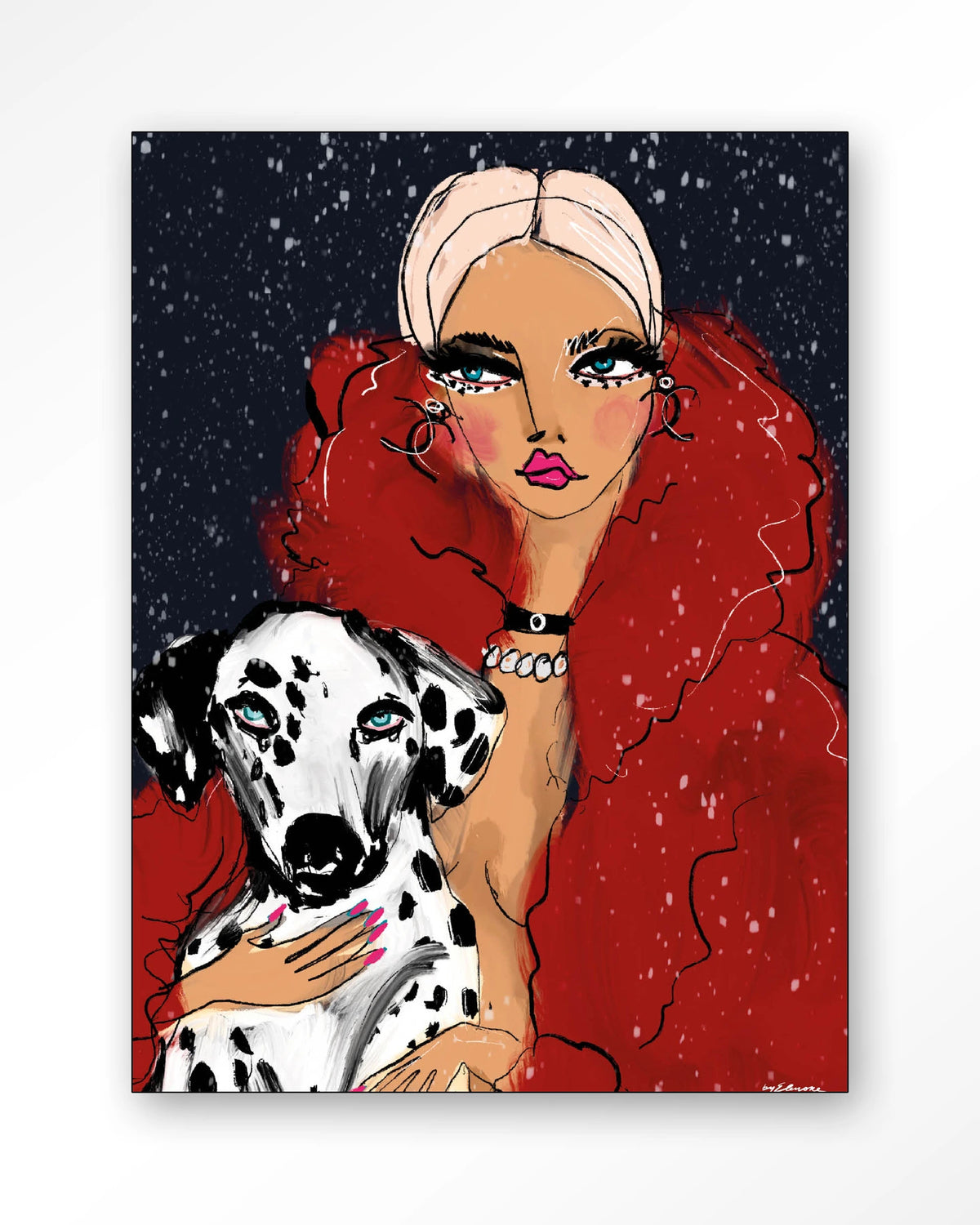 Dotted Doggy – vrouw met Dalmatiër in rood – Wandkleed – Frame – zwart