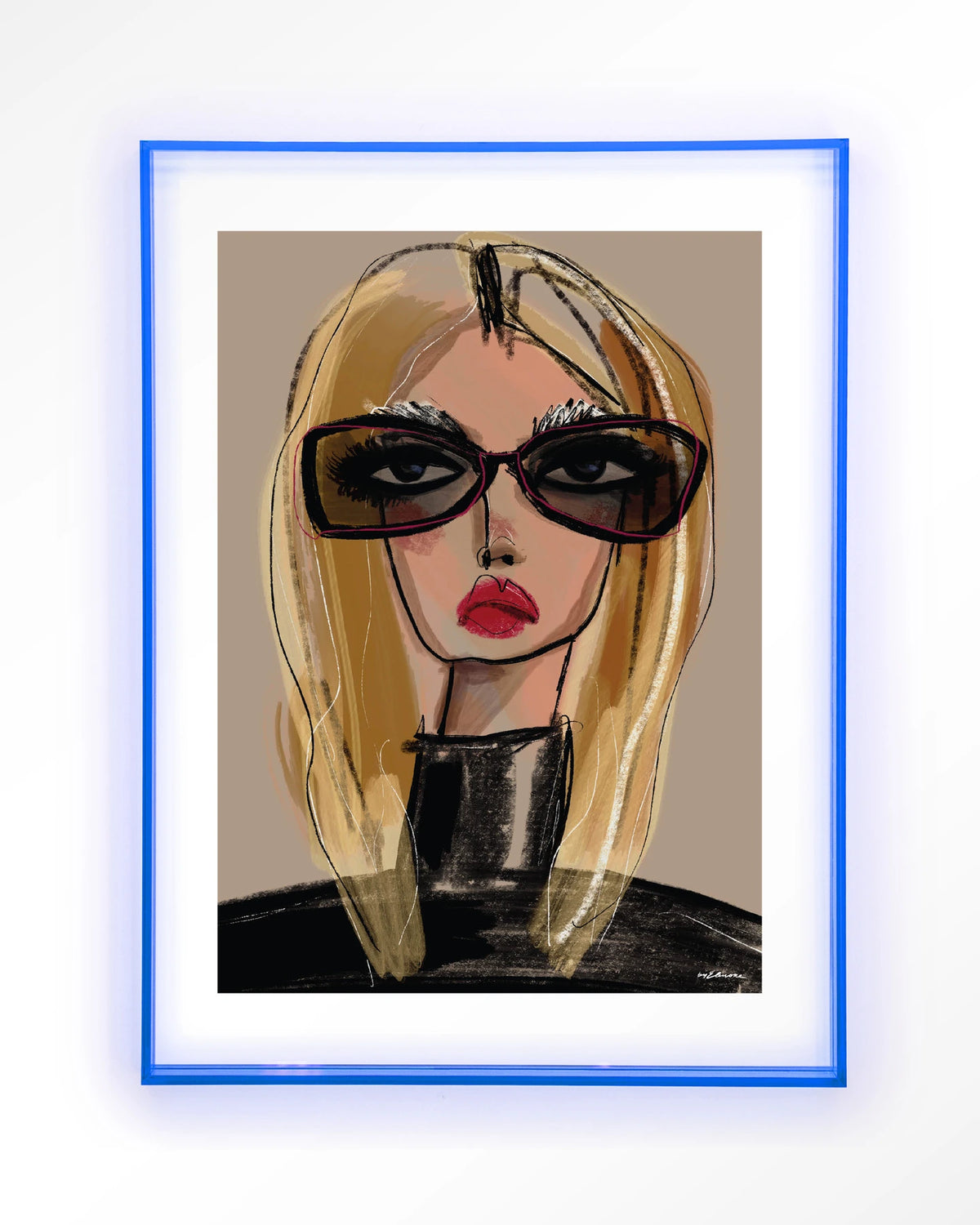 She Knows – vrouw met zonnebril in schets – Art print – Acryl lichtblauw