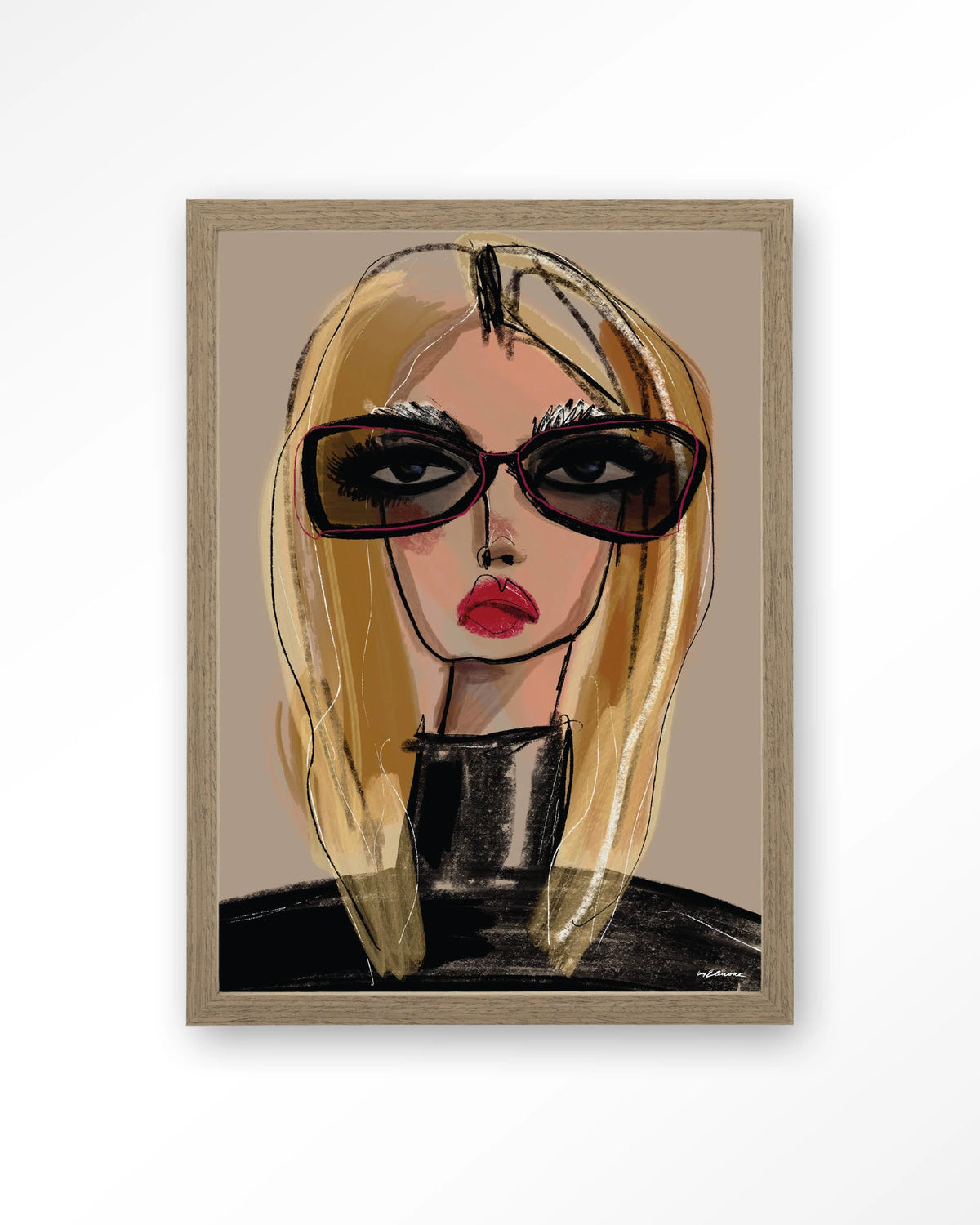 She Knows – vrouw met zonnebril in schets – Art print – Hout bruin