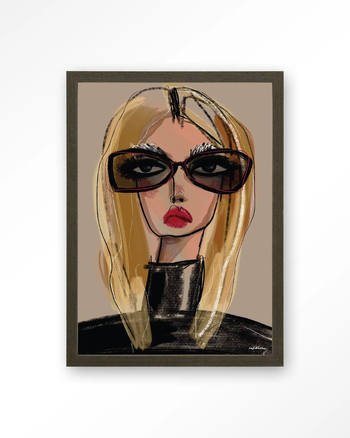 She Knows – vrouw met zonnebril in schets – Art print – Hout donkerbruin