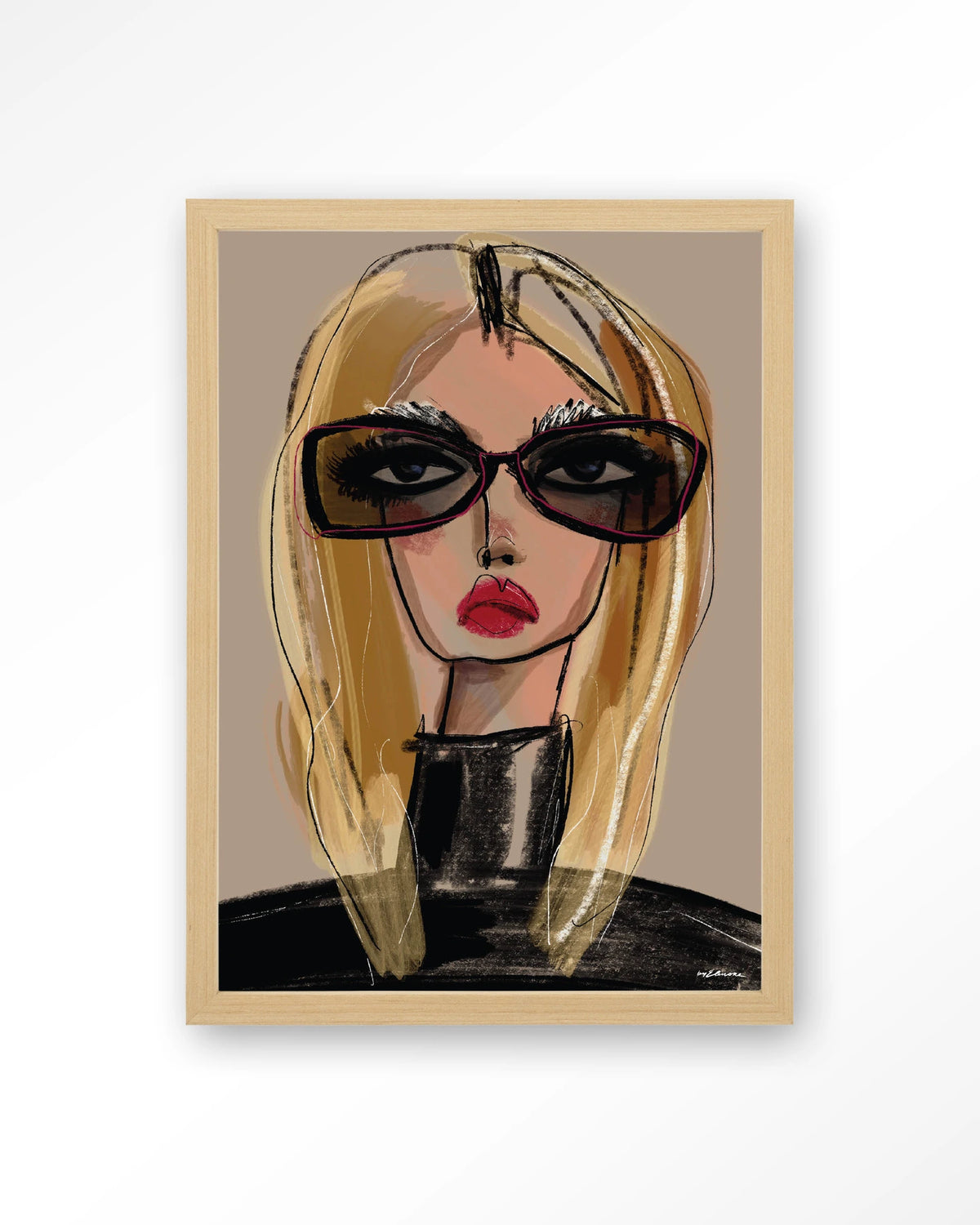 She Knows – vrouw met zonnebril in schets – Art print – Hout naturel