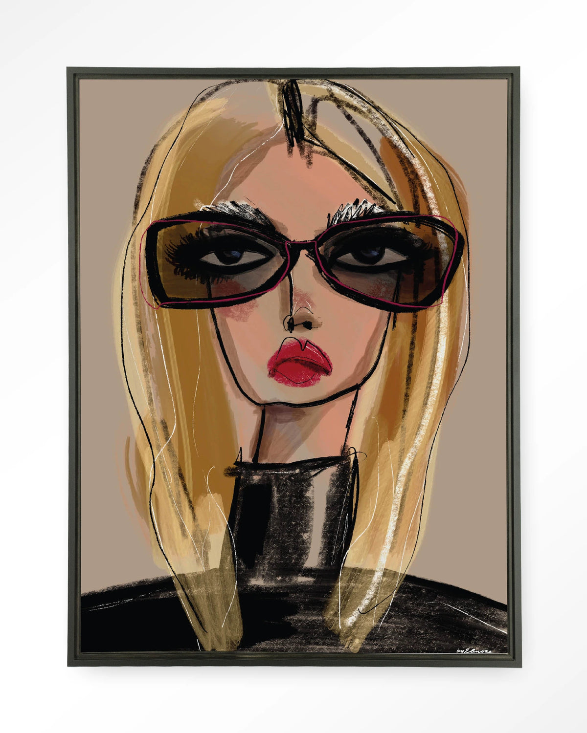 She Knows – vrouw met zonnebril in schets – Wandkleed – Floating frame – zwart