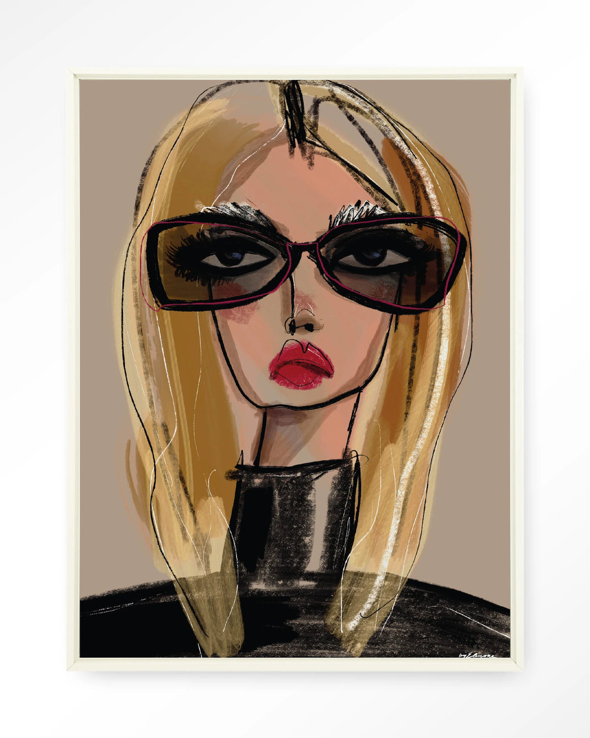 She Knows – vrouw met zonnebril in schets – Wandkleed – Floating frame – wit
