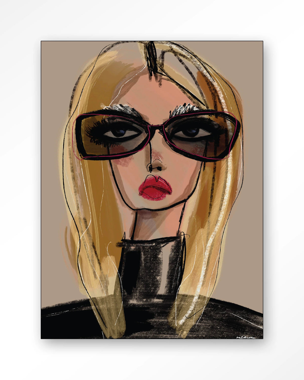 She Knows – vrouw met zonnebril in schets – Wandkleed – Frame – zwart