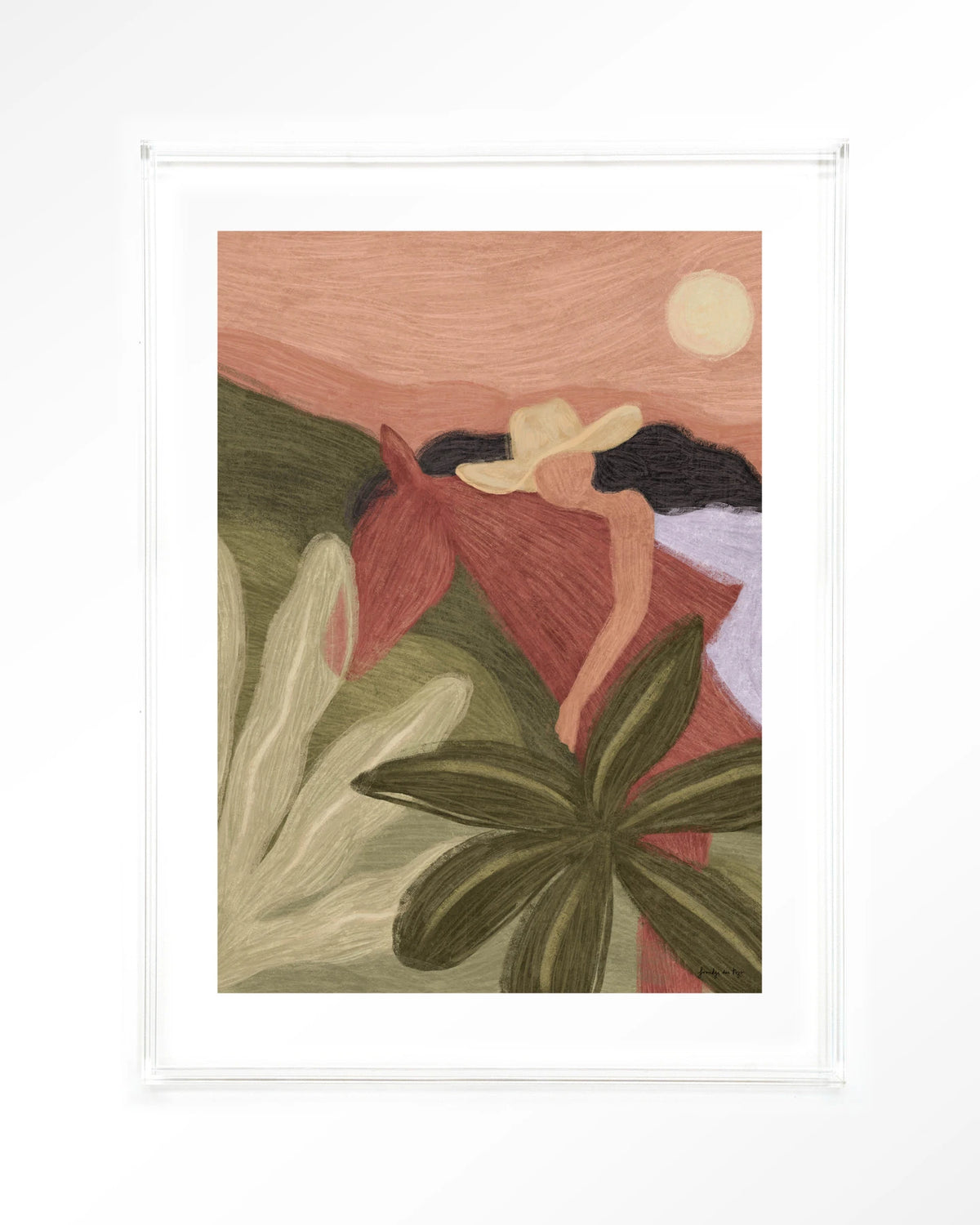 Horse Sunset – paard en vrouw in groen en roze – Art print – Acryl doorzichtig
