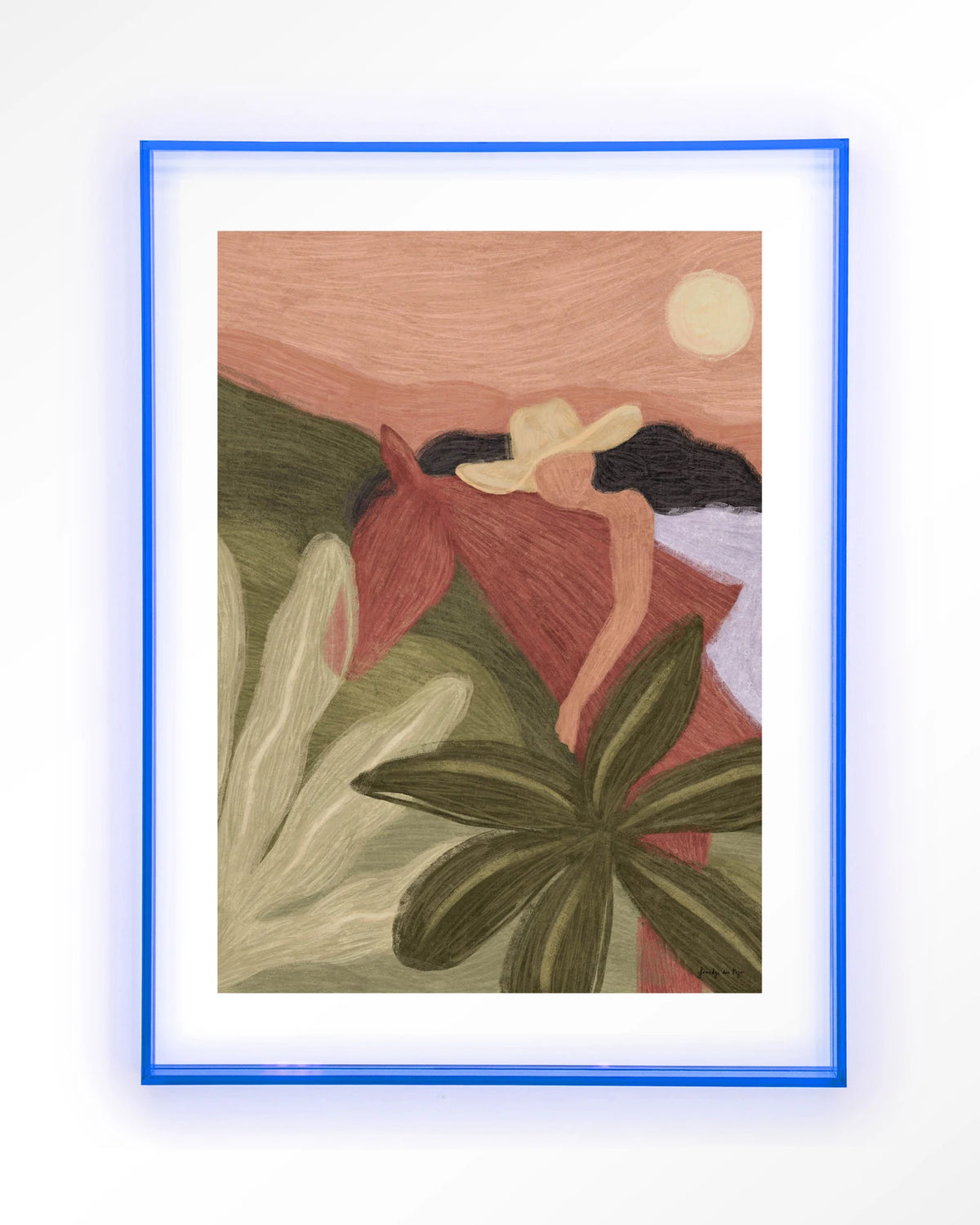 Horse Sunset – paard en vrouw in groen en roze – Art print – Acryl lichtblauw