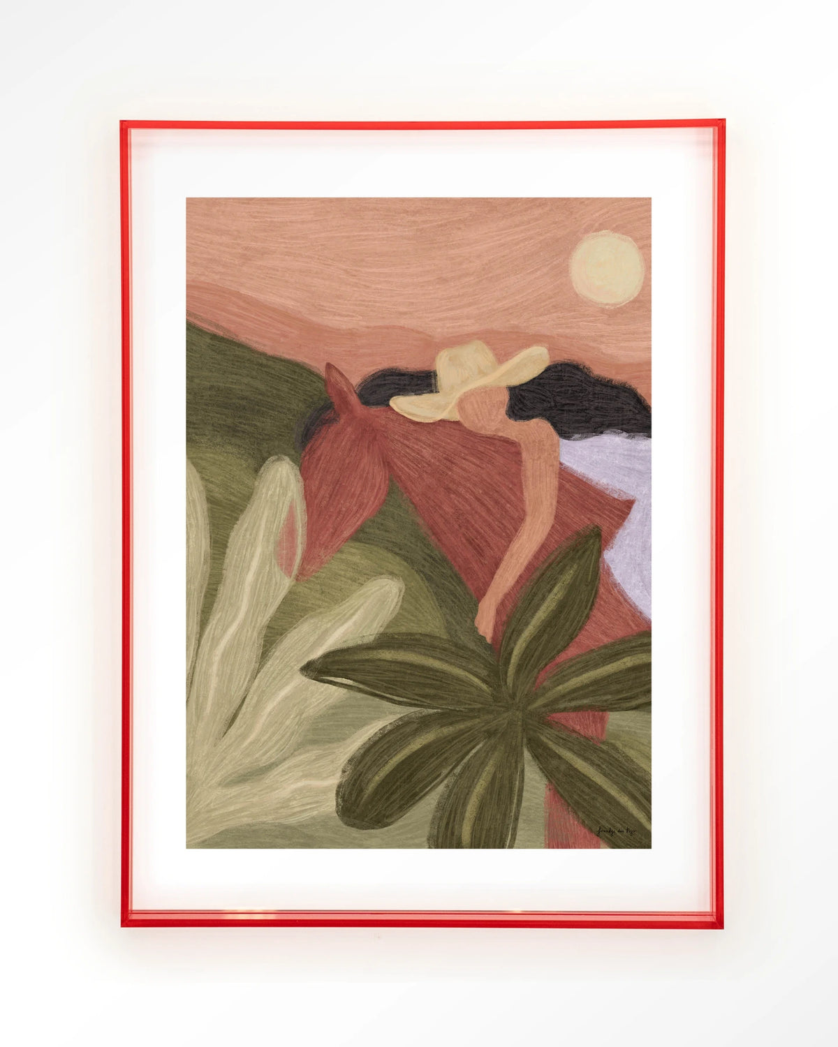 Horse Sunset – paard en vrouw in groen en roze – Art print – Acryl roze