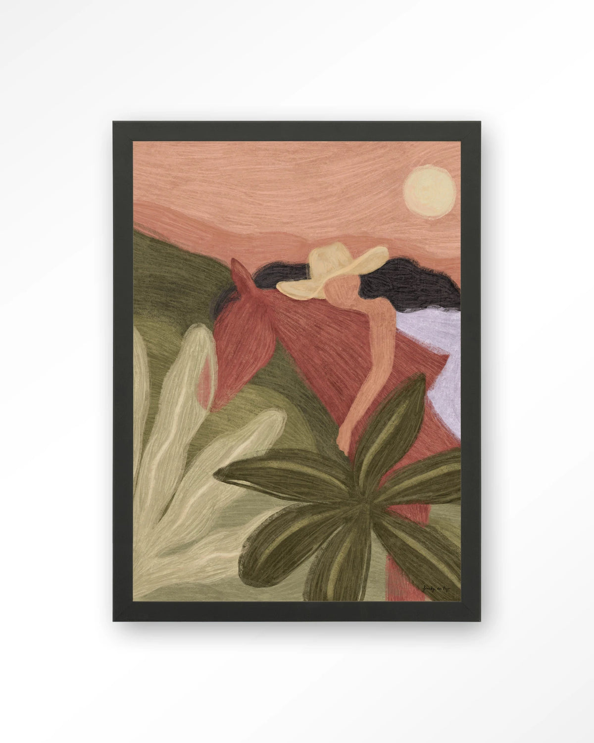 Horse Sunset – paard en vrouw in groen en roze – Art print – Hout zwart