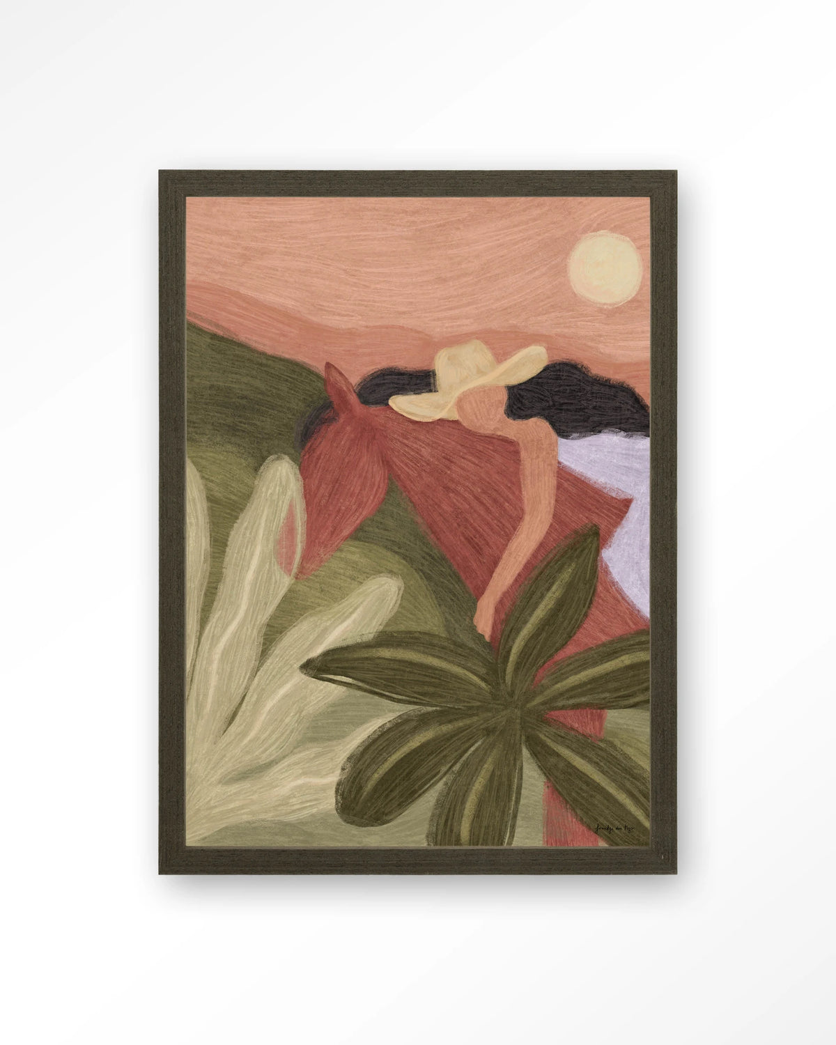 Horse Sunset – paard en vrouw in groen en roze – Art print – Hout donkerbruin