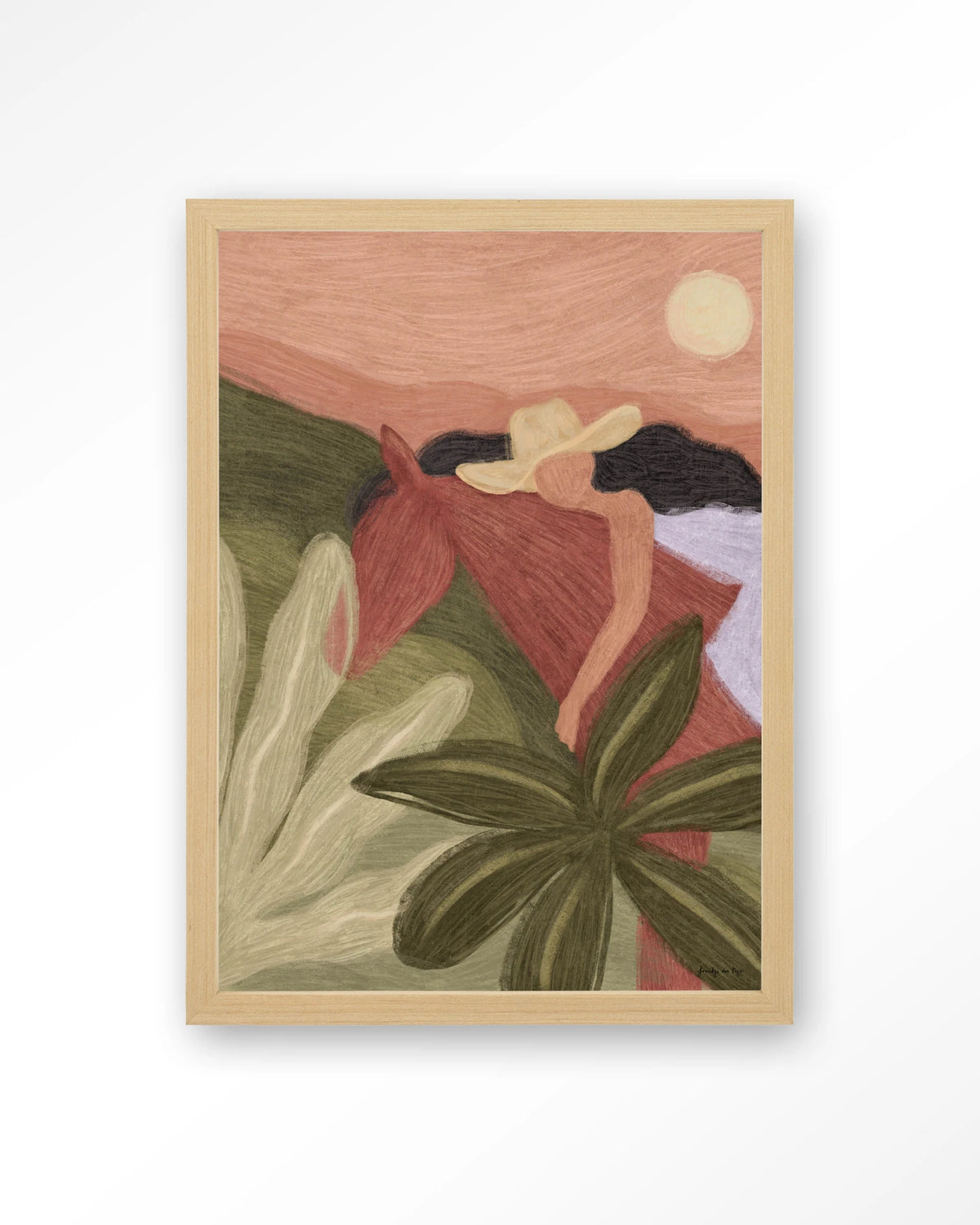 Horse Sunset – paard en vrouw in groen en roze – Art print – Hout naturel