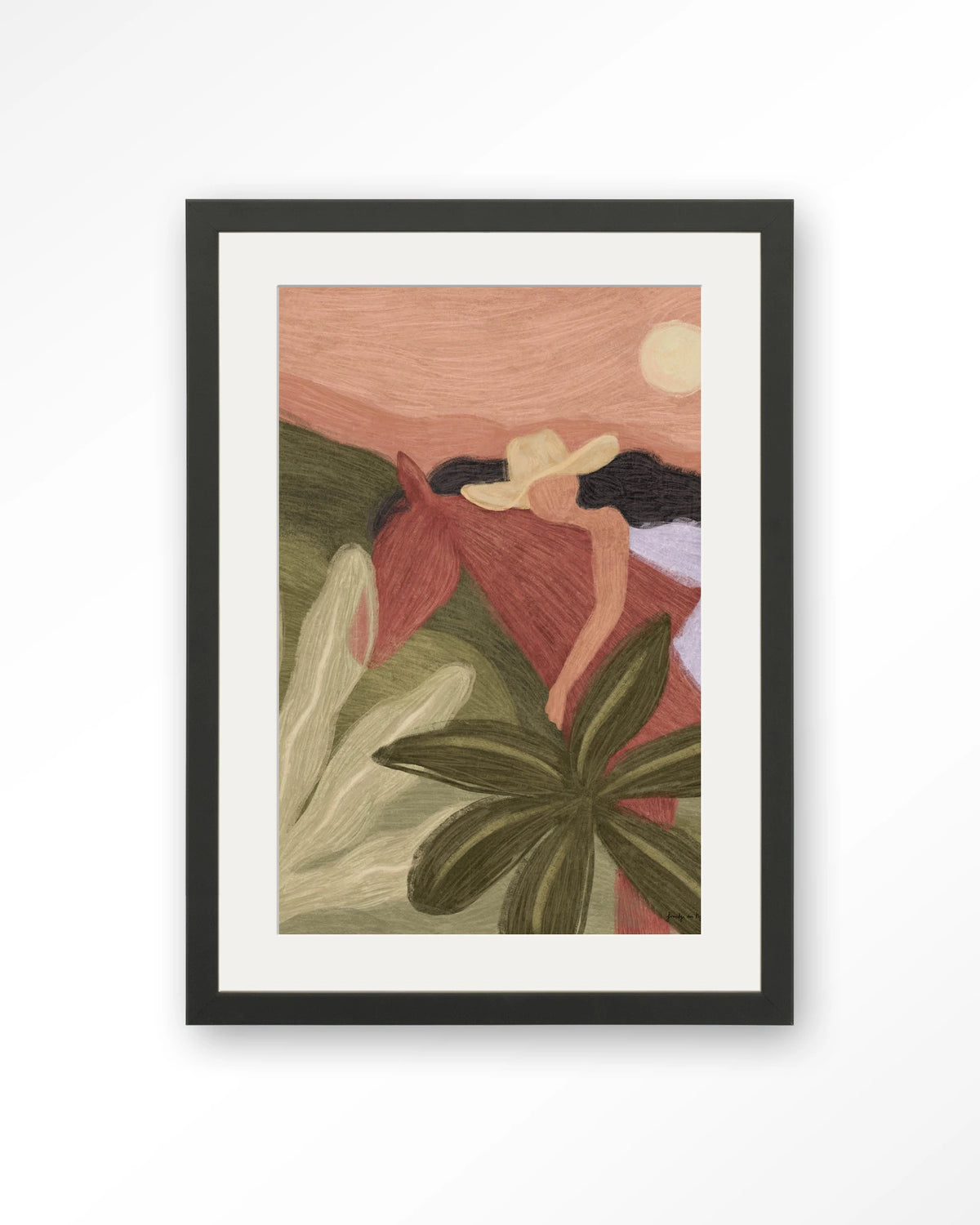 Horse Sunset – paard en vrouw in groen en roze – Art print – Hout zwart + passe-partout
